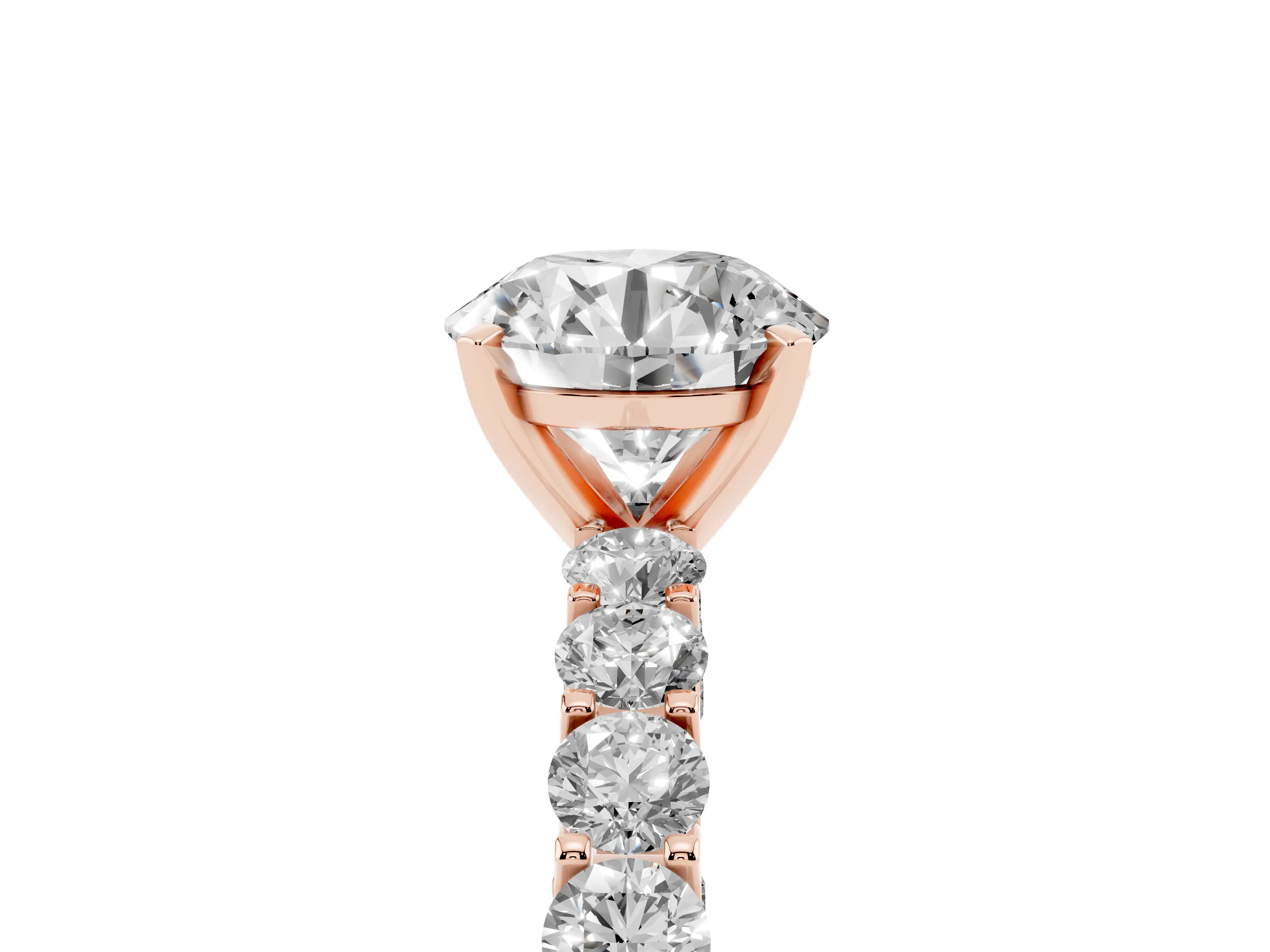 Round Cut Diamond Solitaire Ring Set in Rose gold with Shared Prong Pavé Band