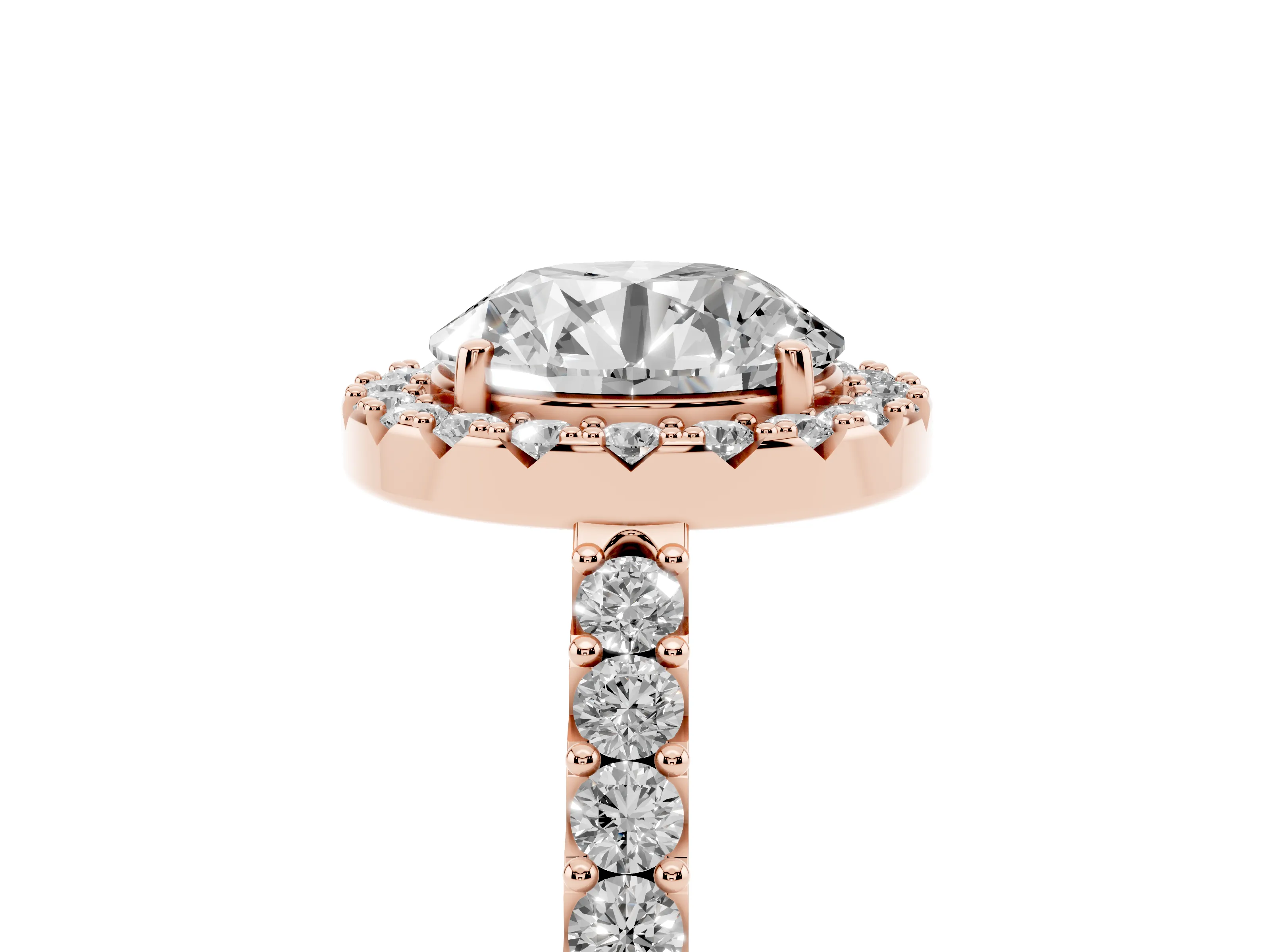 Round Cut Diamond Halo Pavé Solitaire Ring Set in Rose gold with Prong-Set Center Stone