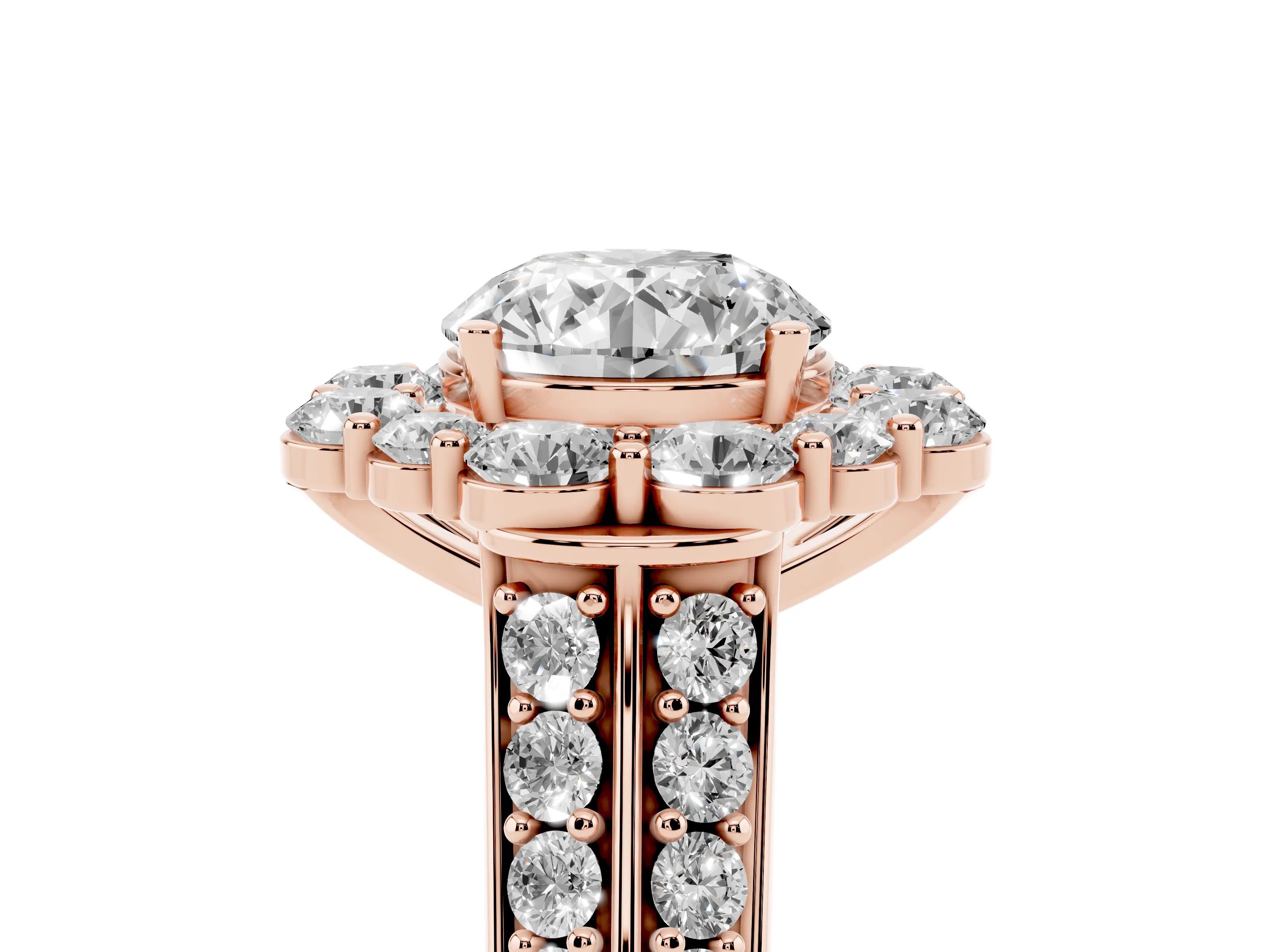 Round Cut Diamond Halo Engagement Ring Set in Rose gold with Split Shank and Prong Setting
