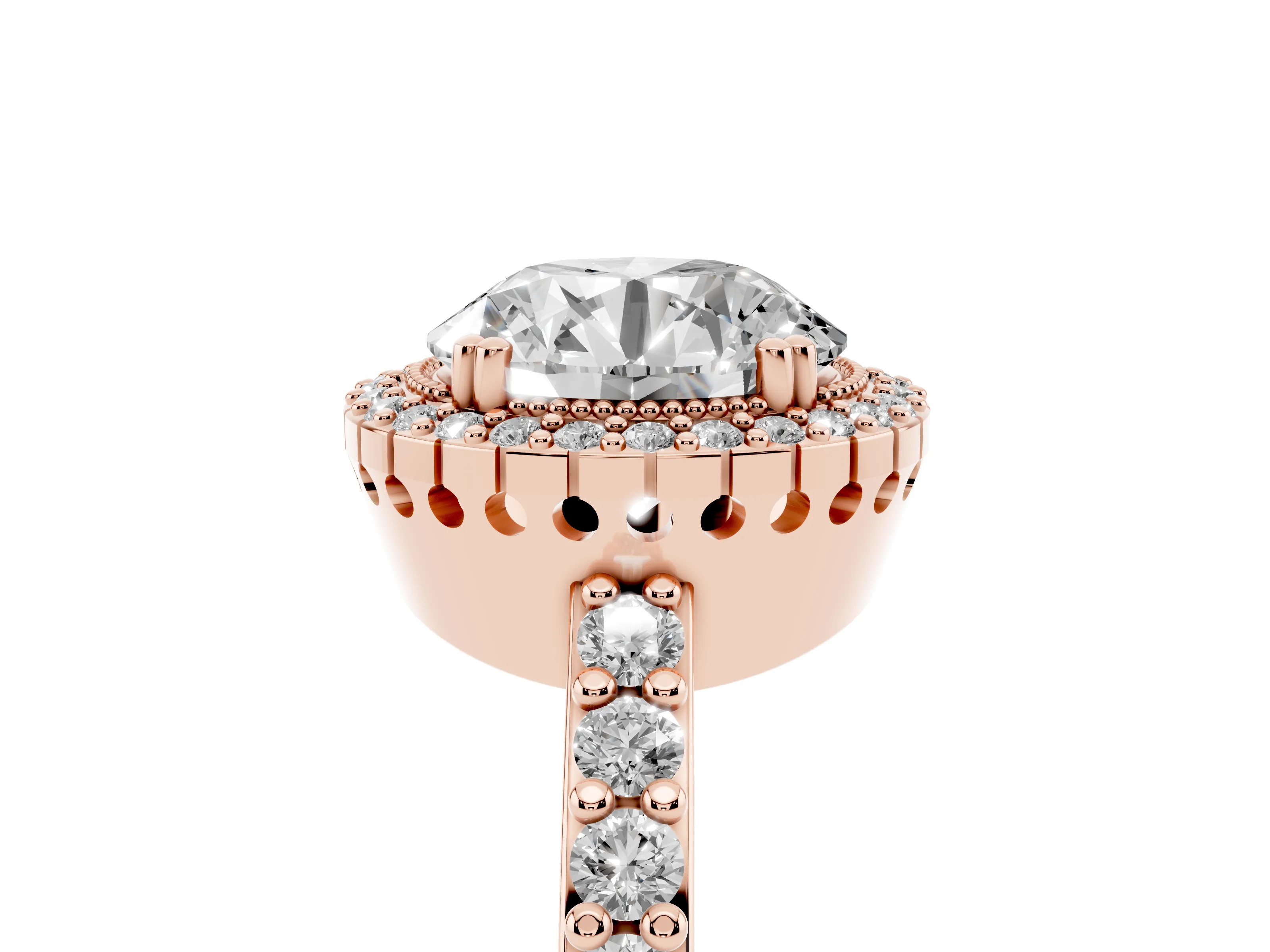 Round Cut Diamond Halo Engagement Ring Set in Rose gold with Milgrain Detail and Pavé Band