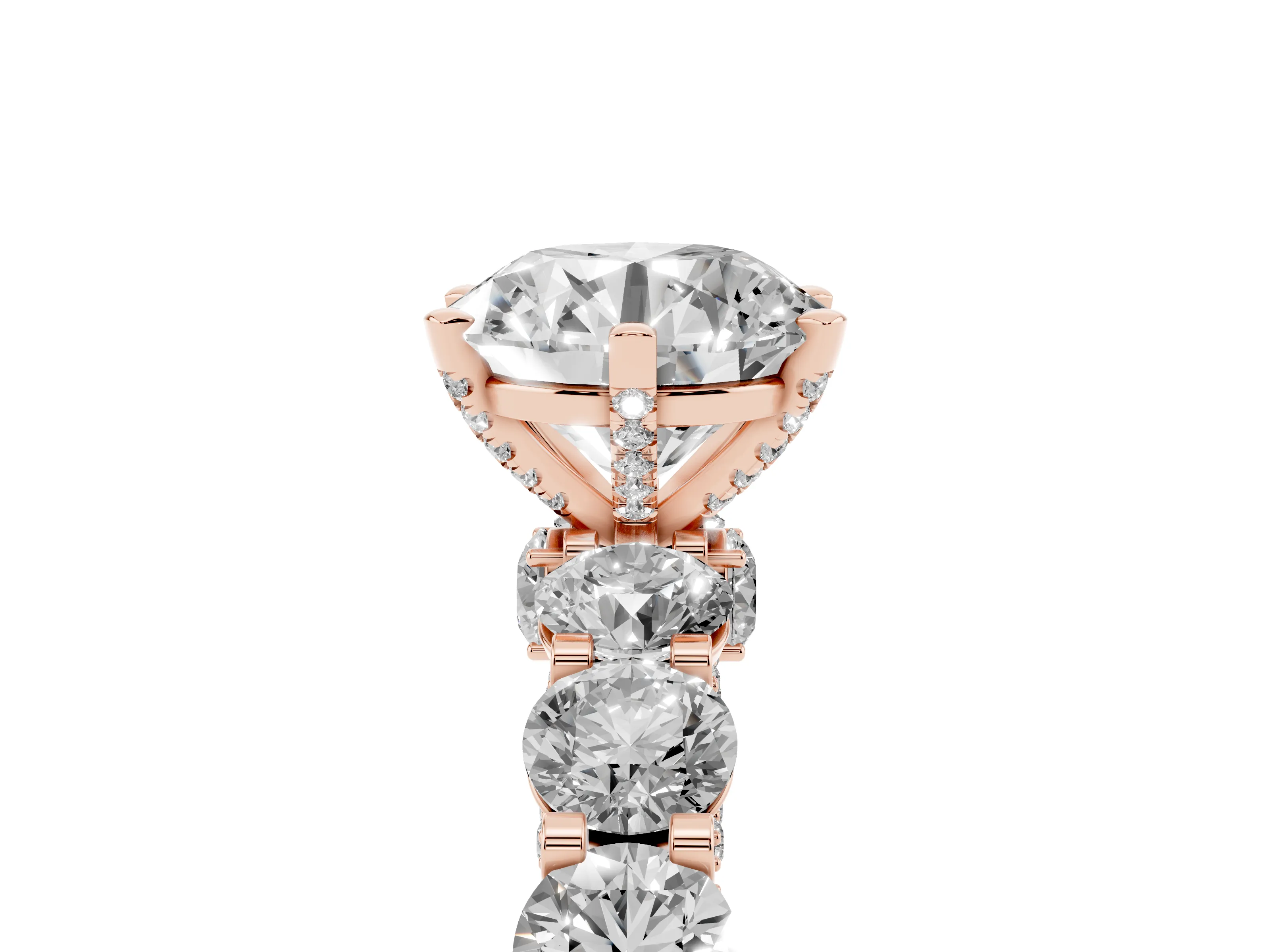 Round Cut Diamond Side Stone Ring Set in Rose gold with Alternating Round and Oval Side Stones