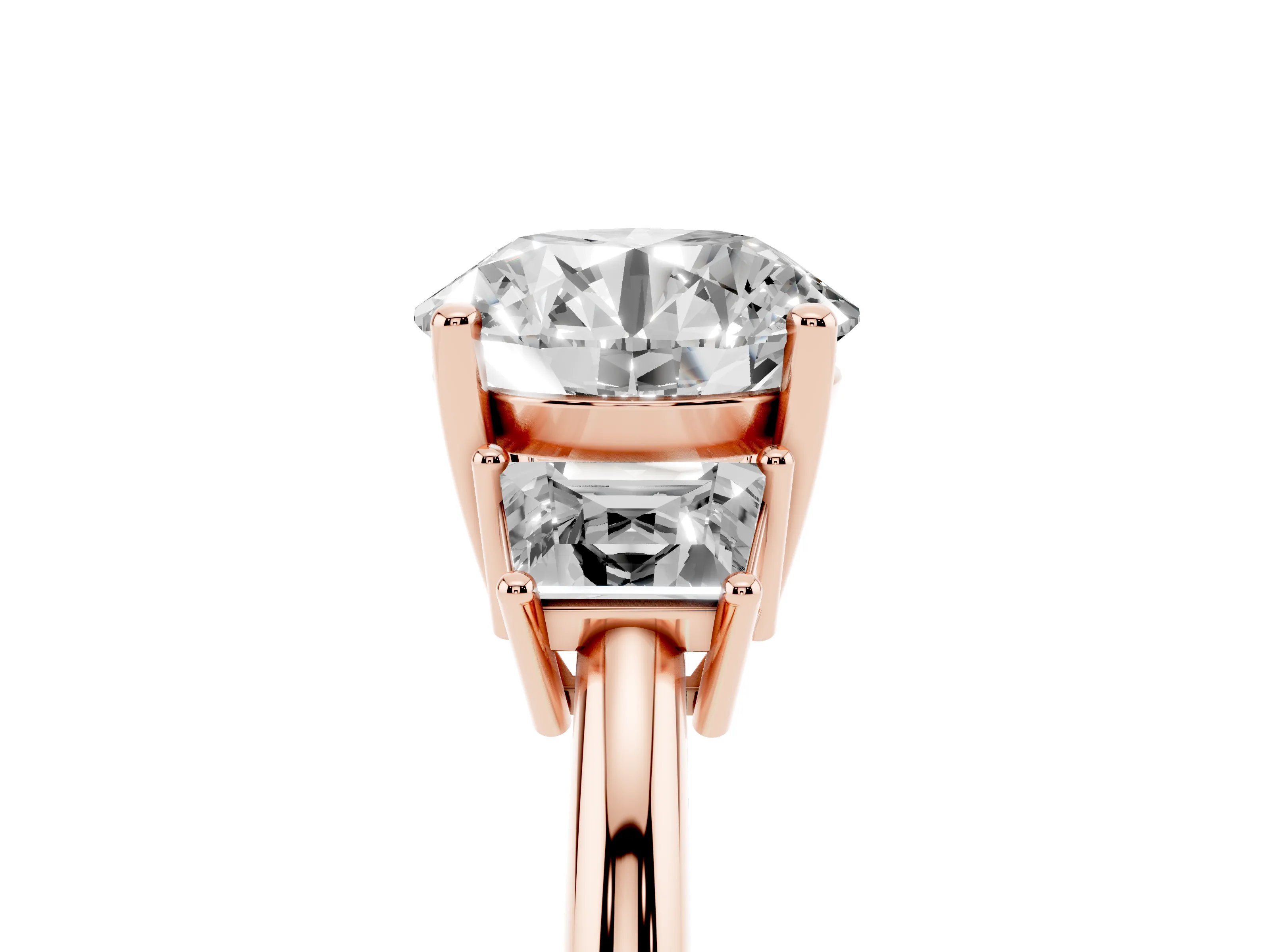Round Cut Diamond Three-Stone Ring Set in Rose gold with Trapezoid Side Stones and Prong Setting
