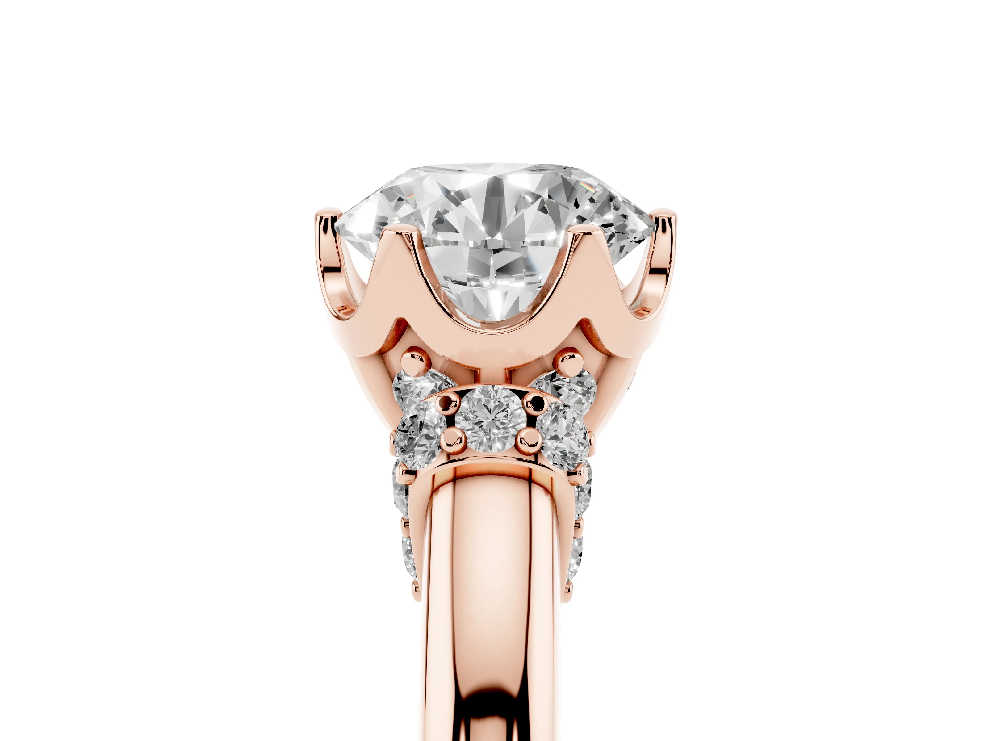 Round Cut Diamond Cathedral Solitaire Engagement Ring Set in Rose gold with Pavé Accents