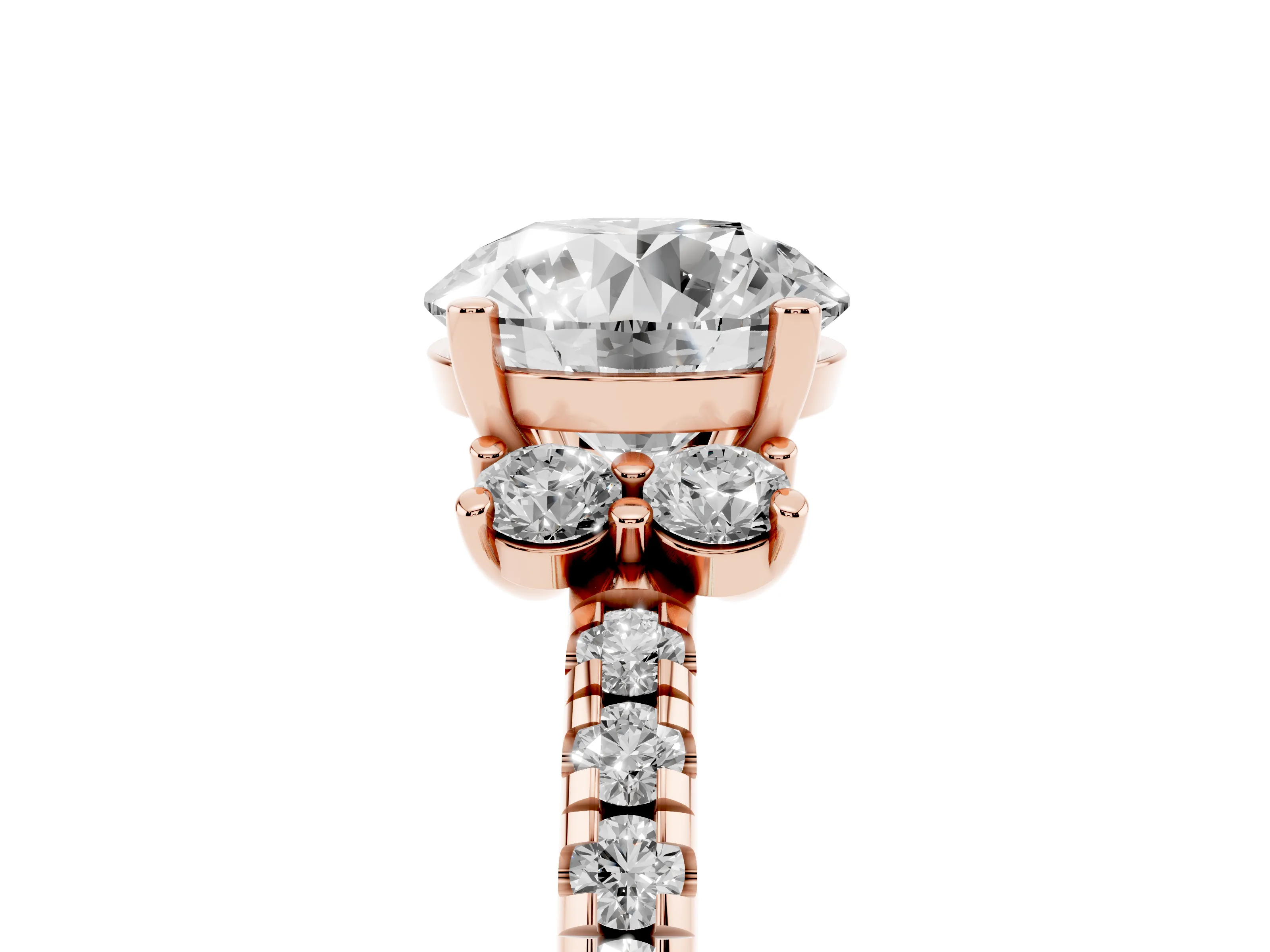 Round Cut Diamond Three-Stone Pavé Ring Set in Rose gold with Prong Setting