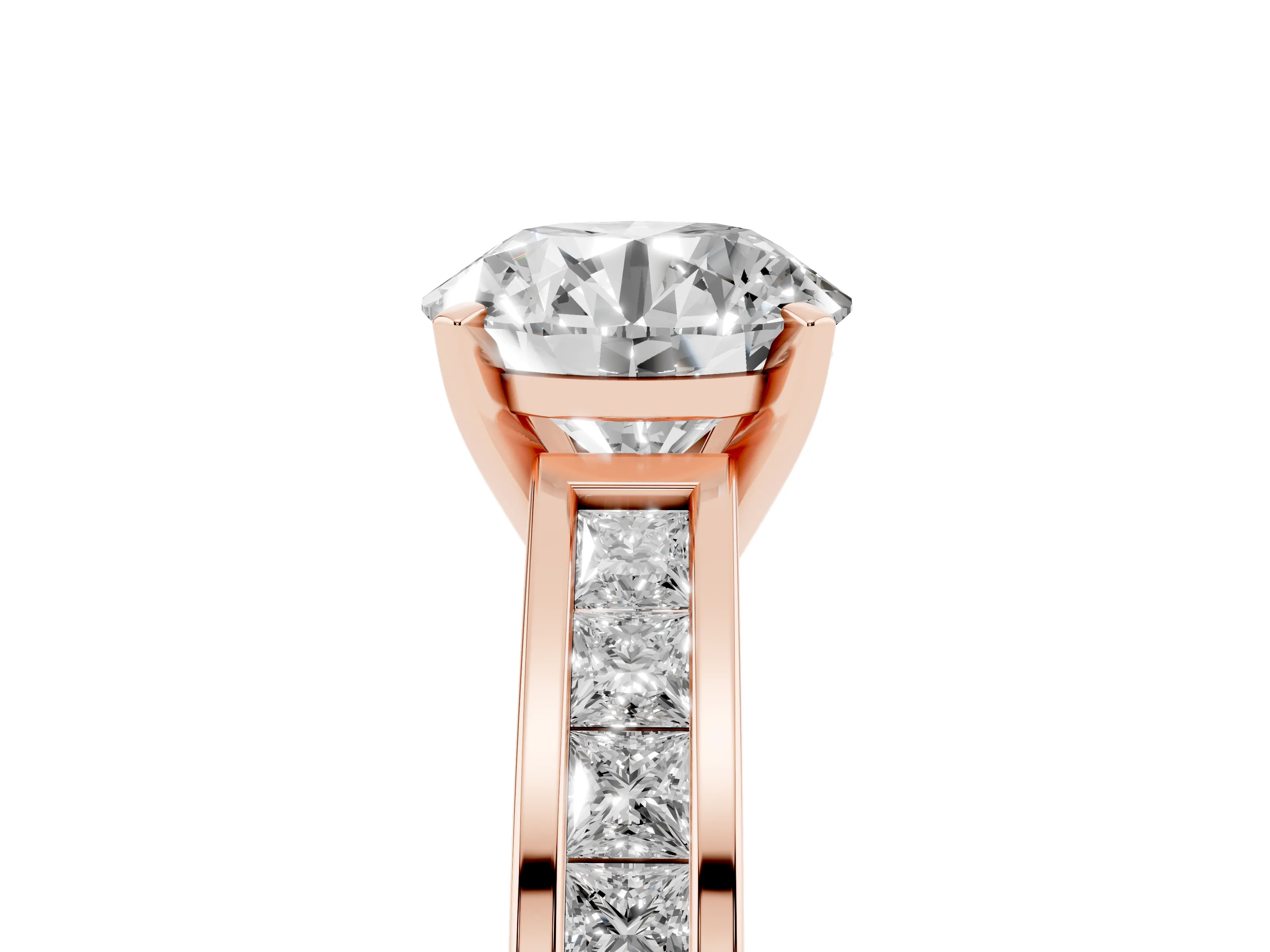 Round Cut Diamond Solitaire Ring Set in Rose gold with Channel-Set Band and Prong Setting