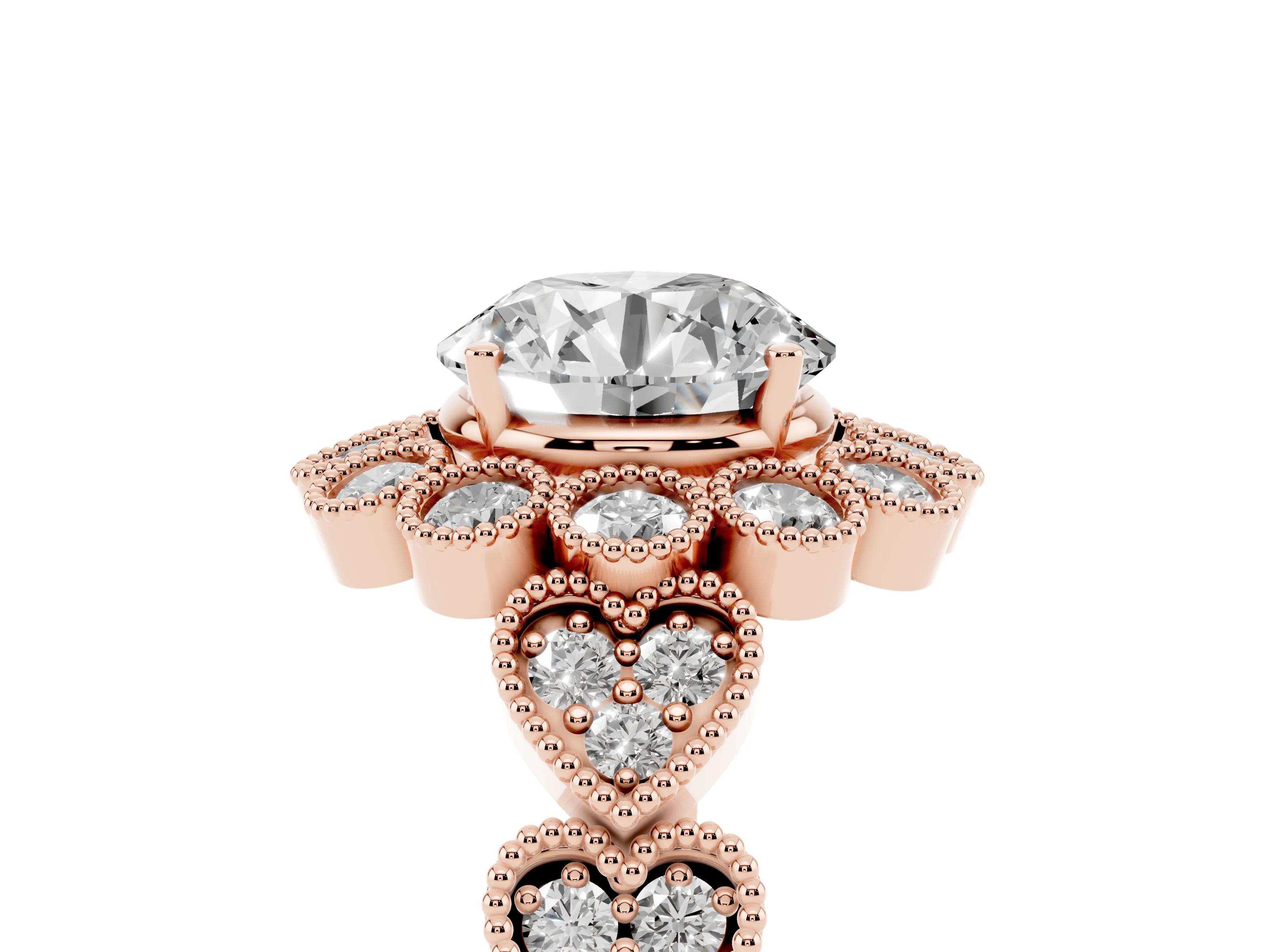 Round Cut Diamond Solitaire Ring Set in Rose gold with Milgrain Pavé Heart Band