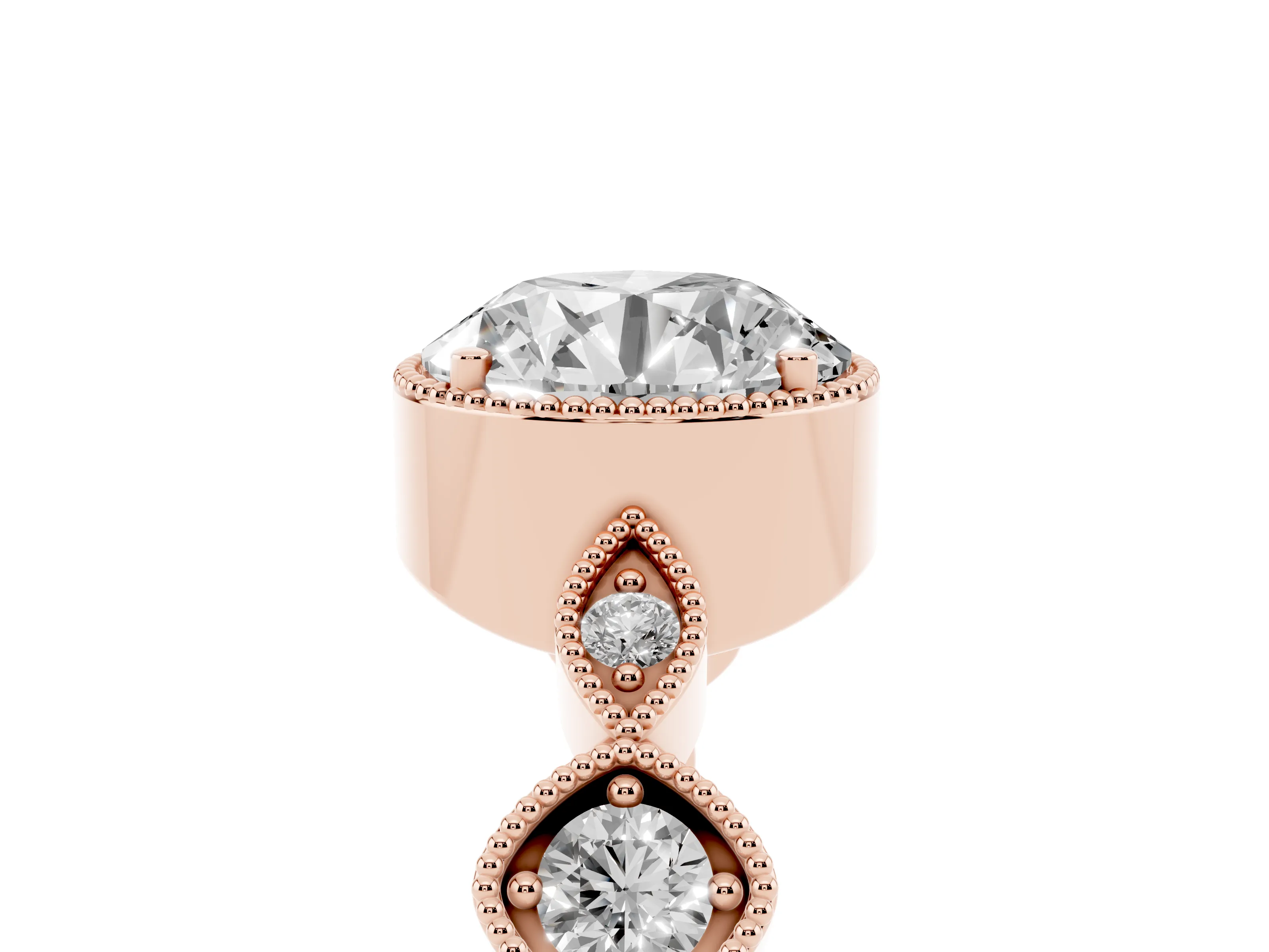 Round Cut Diamond Vintage-Inspired Milgrain Ring Set in Rose gold with Marquise Stations of Round Accents