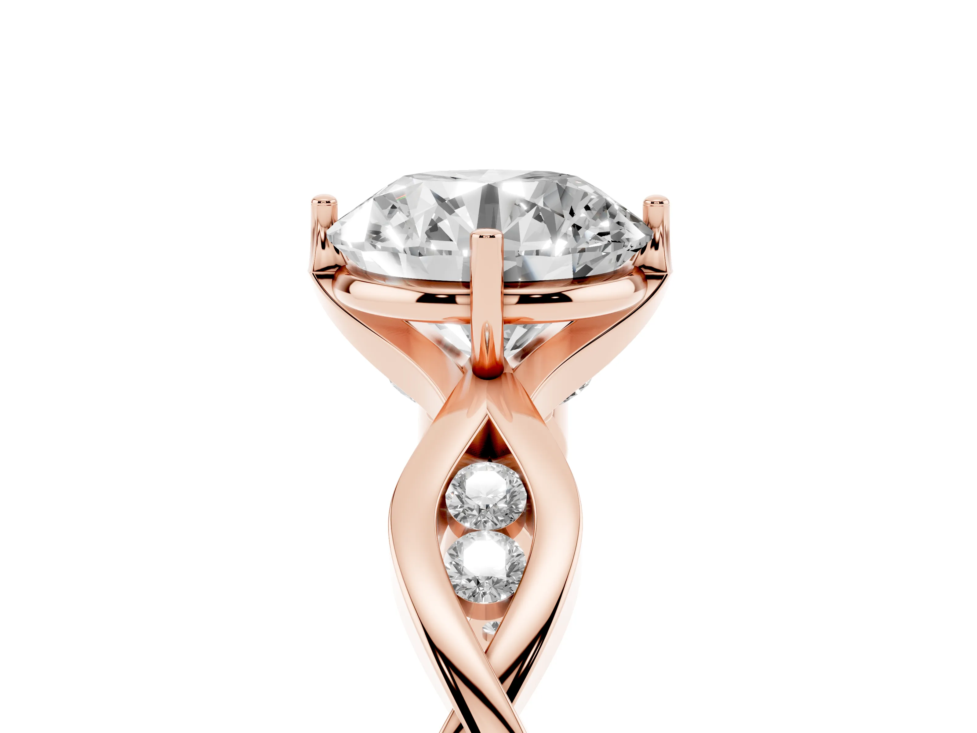 Round Cut Diamond Twist Band Solitaire Ring Set in Rose gold with Leaf Prong Setting and Accent Stones
