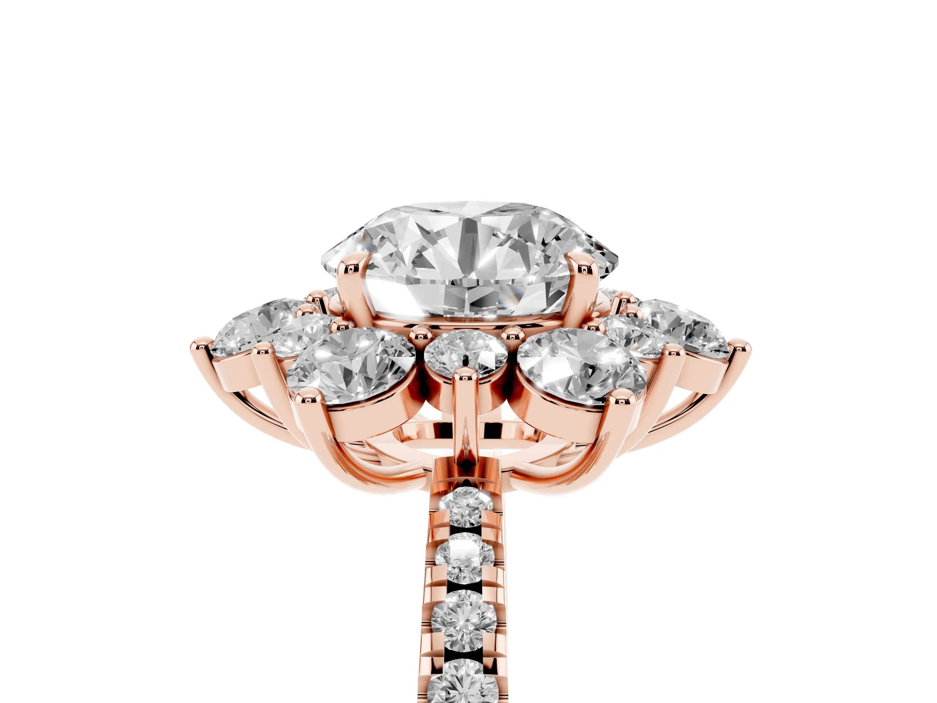 Round Cut Diamond Floral Halo Ring Set in Rose gold with Round Pavé Band and Prong Setting