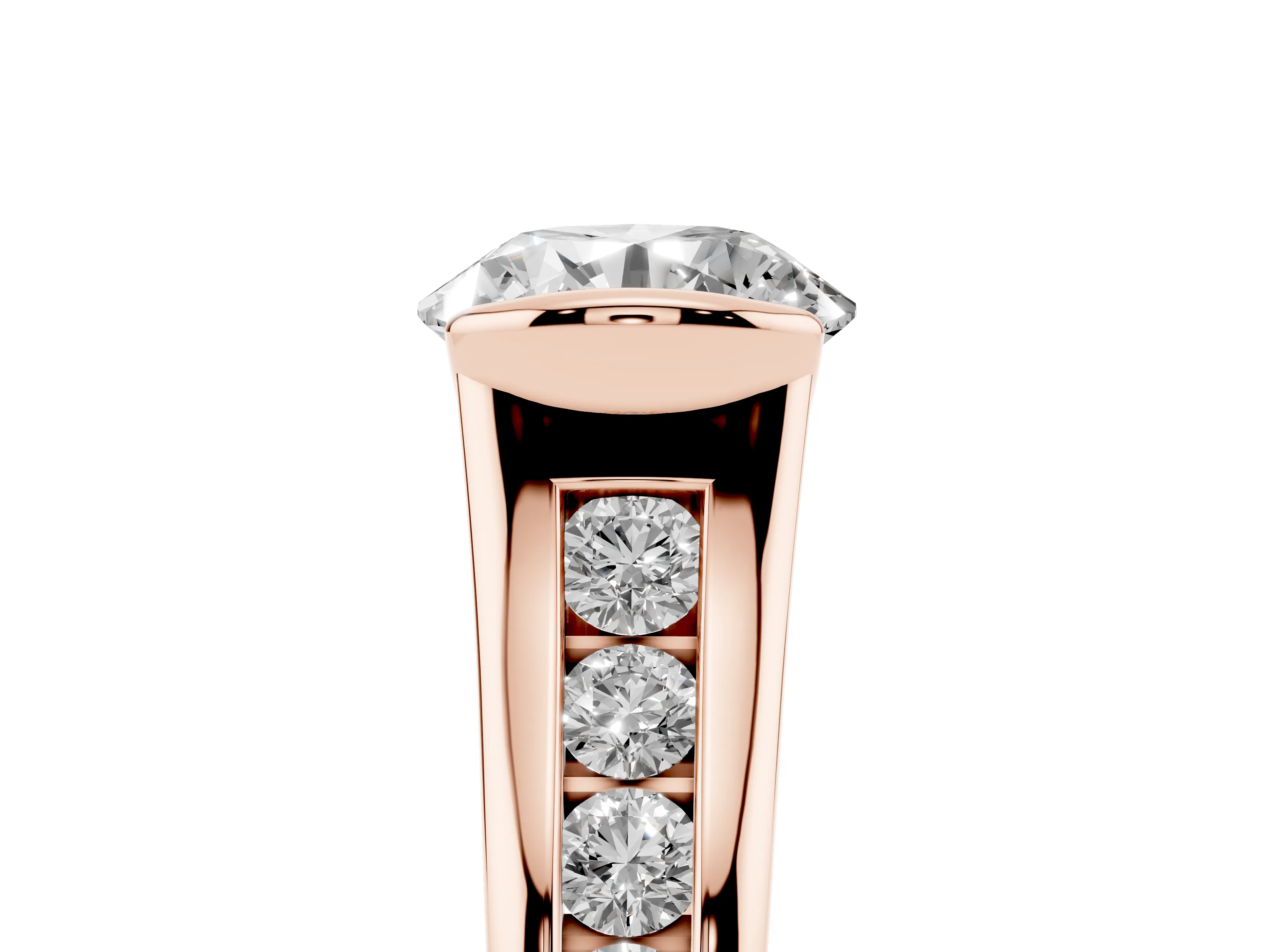Round Cut Diamond Bezel-Set Solitaire Ring Set in Rose gold with Channel-Set Band