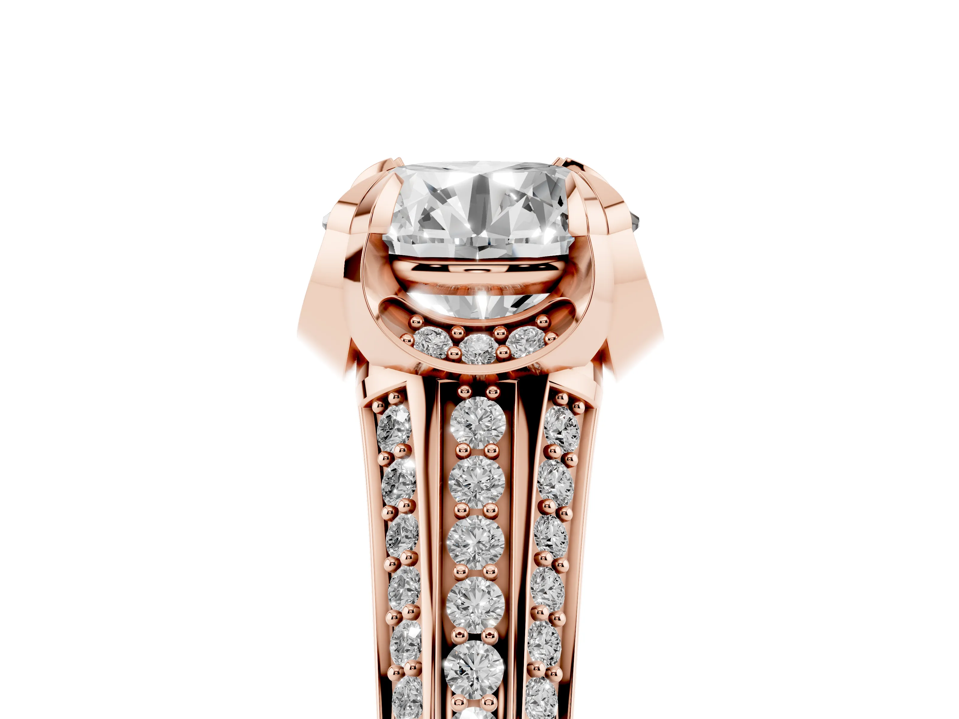 Round Cut Diamond Pavé Split Shank Solitaire Ring Set in Rose gold with Prong Setting