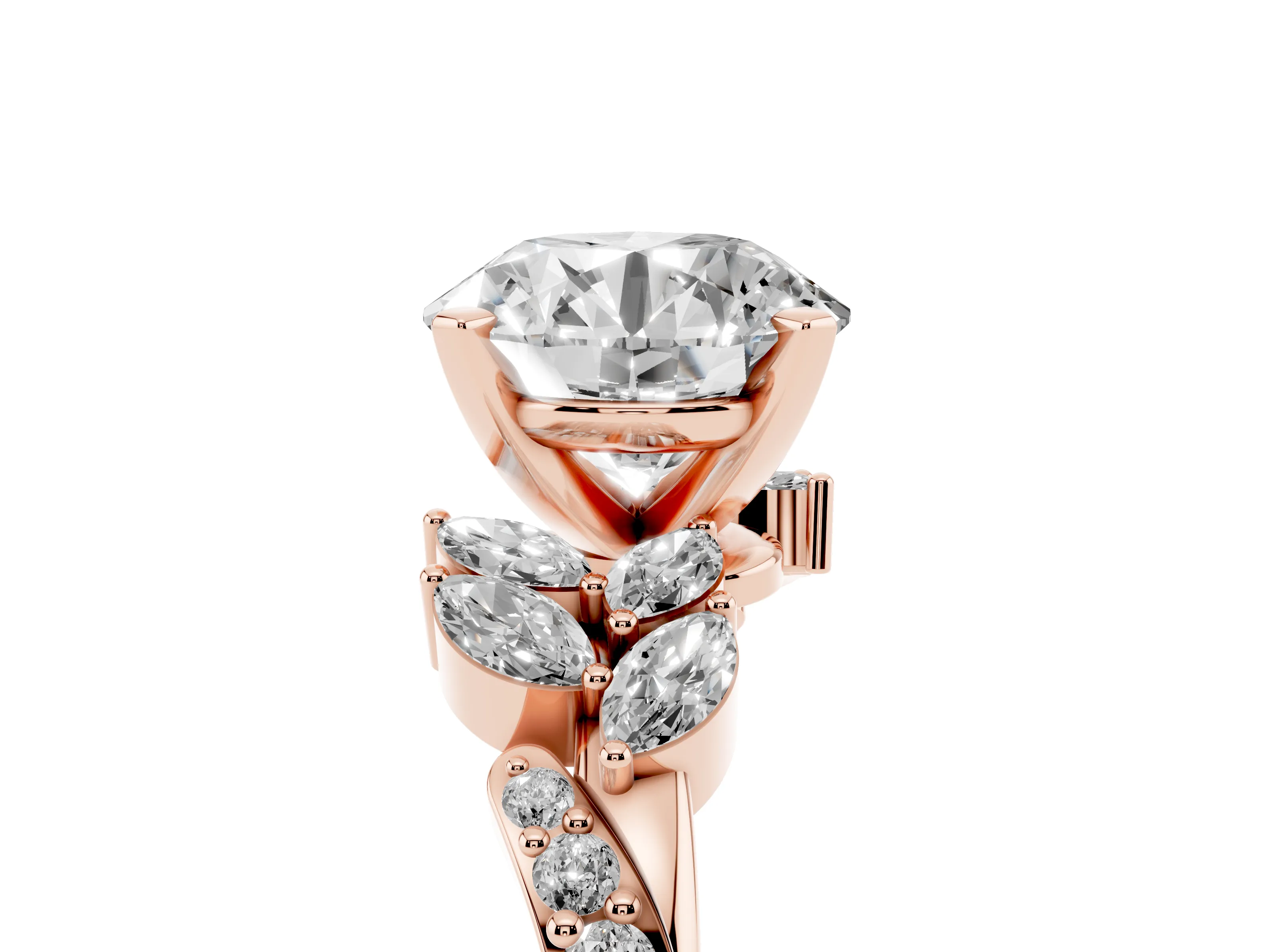 Round Cut Diamond Solitaire Ring Set in Rose gold with Marquise Twist Band and Prong Setting