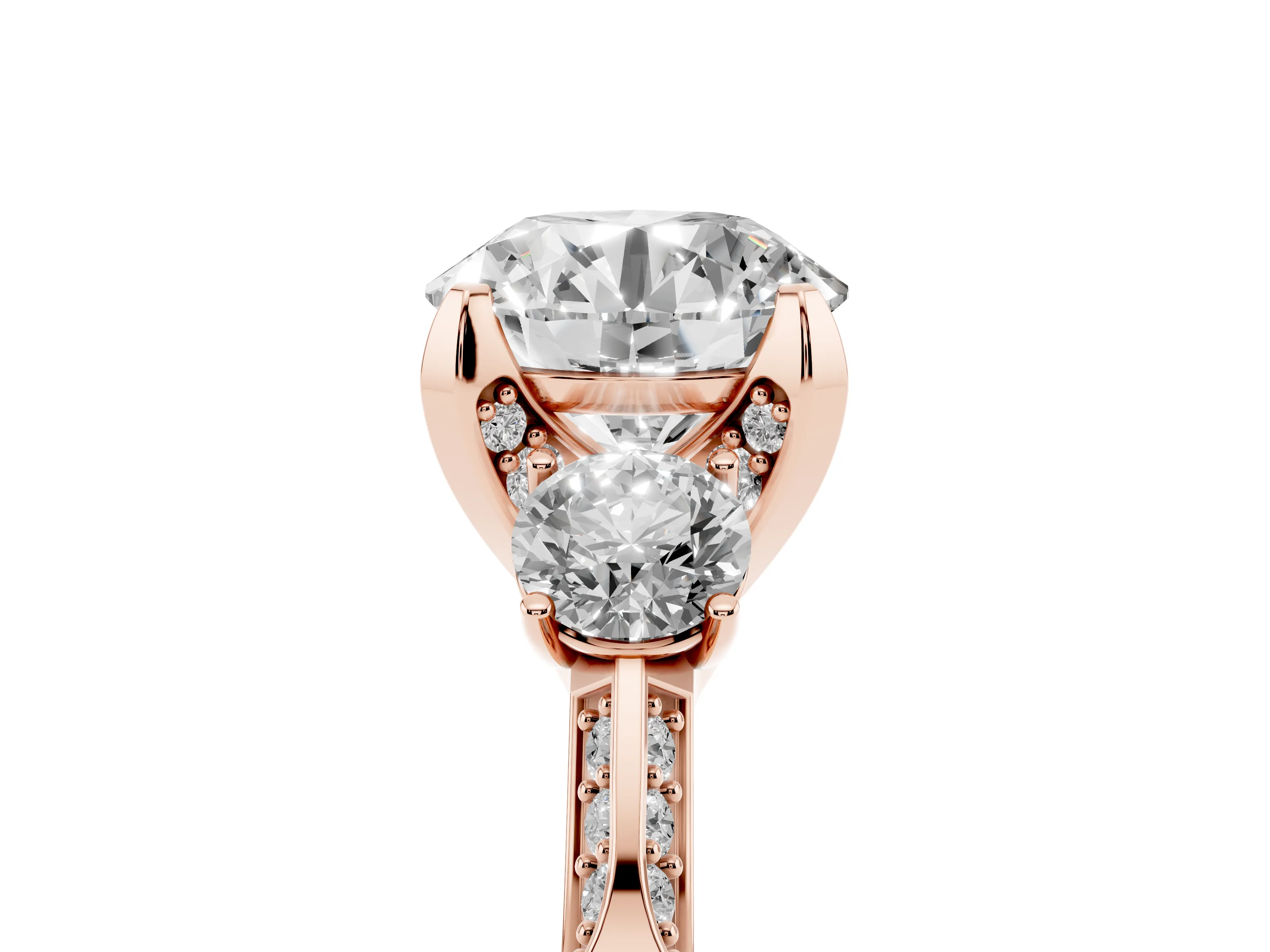 Round Cut Diamond Three-Stone Ring Set in Rose gold with Pavé Band and Smaller Side Stones