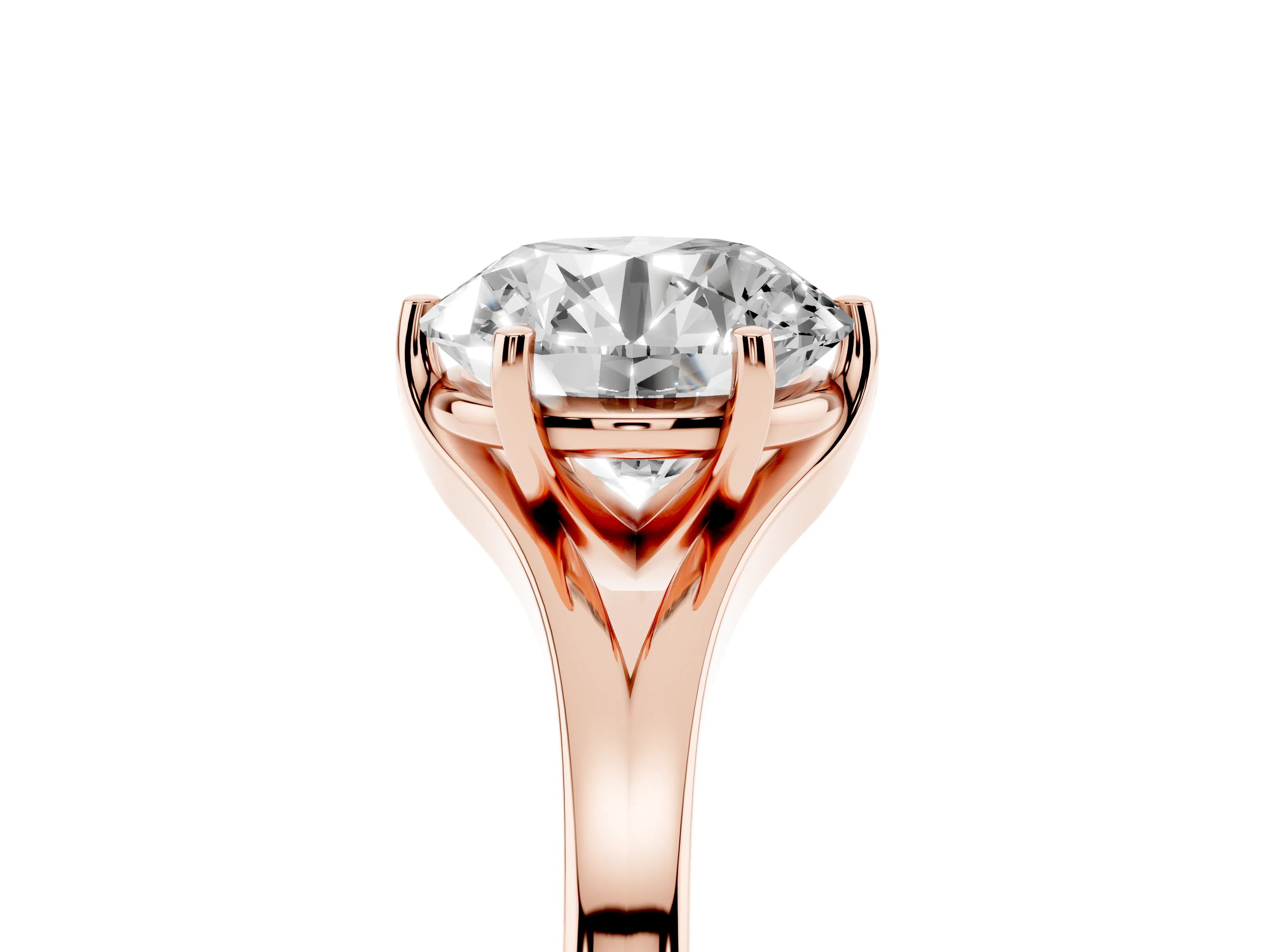 Round Cut Diamond Solitaire Ring Set in Rose gold with Polished Tapered Band and Prong Setting