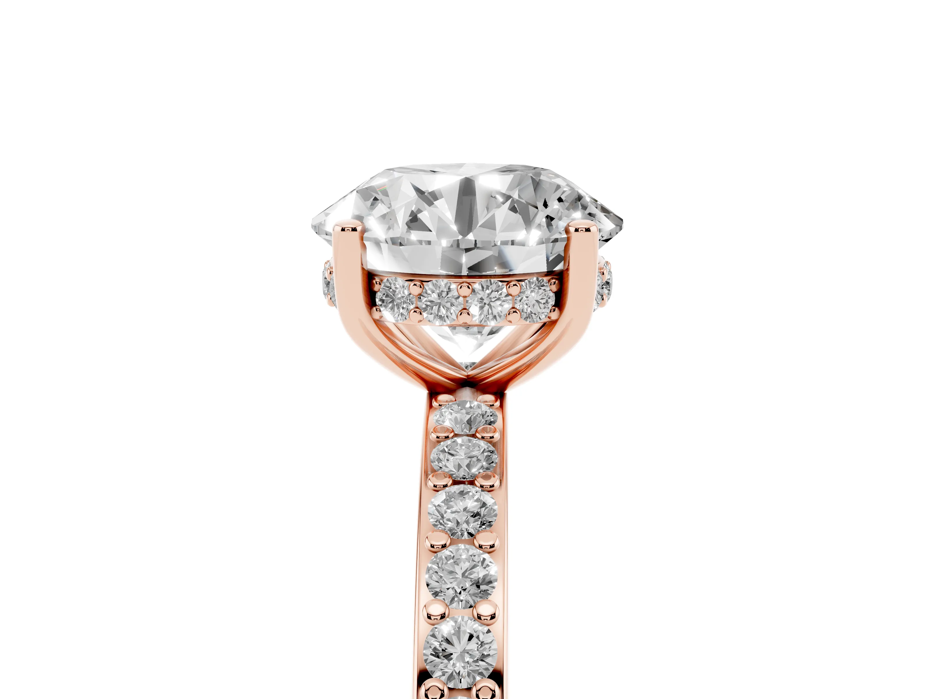 Round Cut Diamond Pavé Band Ring Set in Rose gold with Prong-Set Center Stone