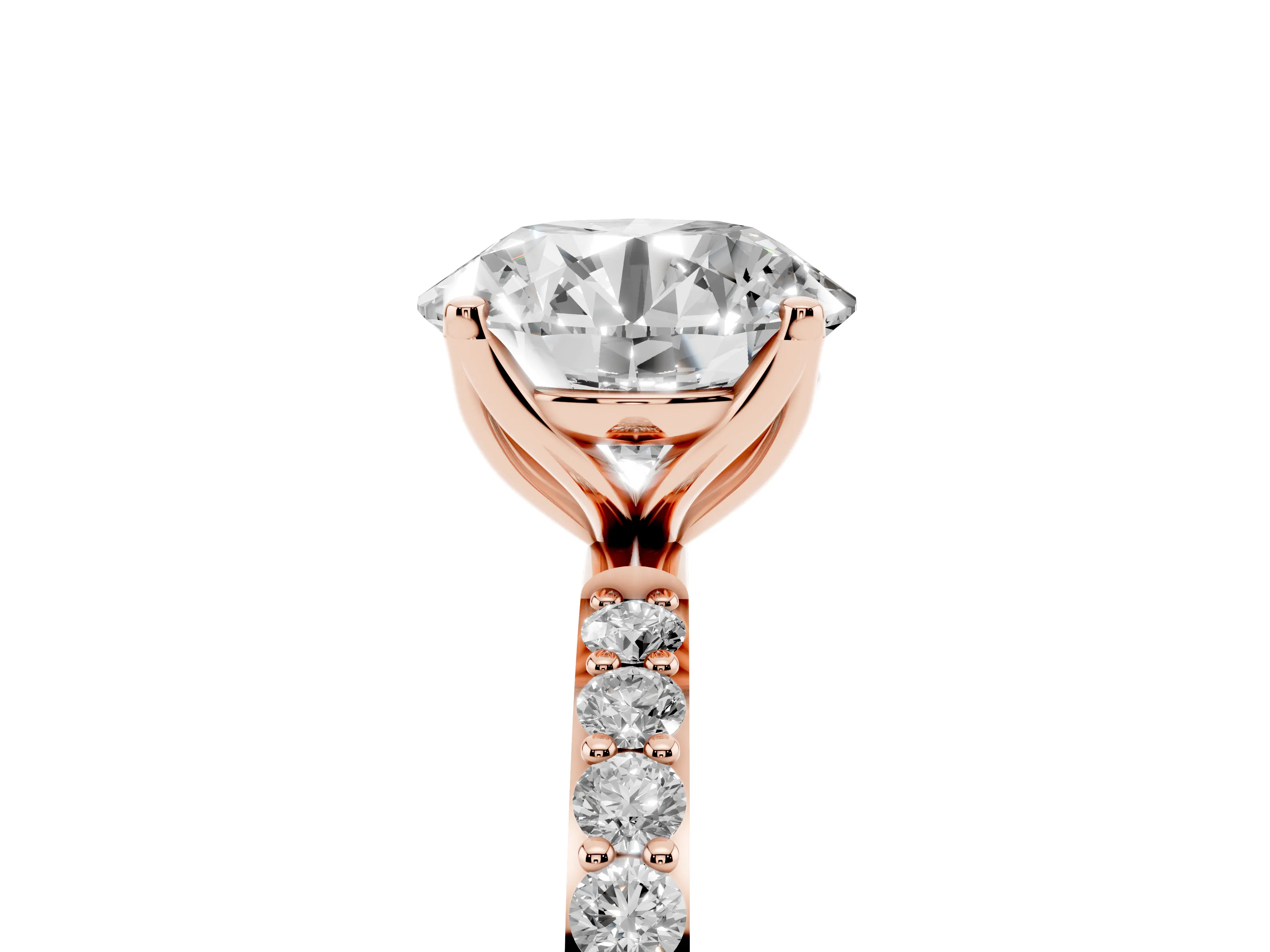 Round Cut Diamond Solitaire Engagement Ring Set in Rose gold with Round Pavé Band and Prong Setting