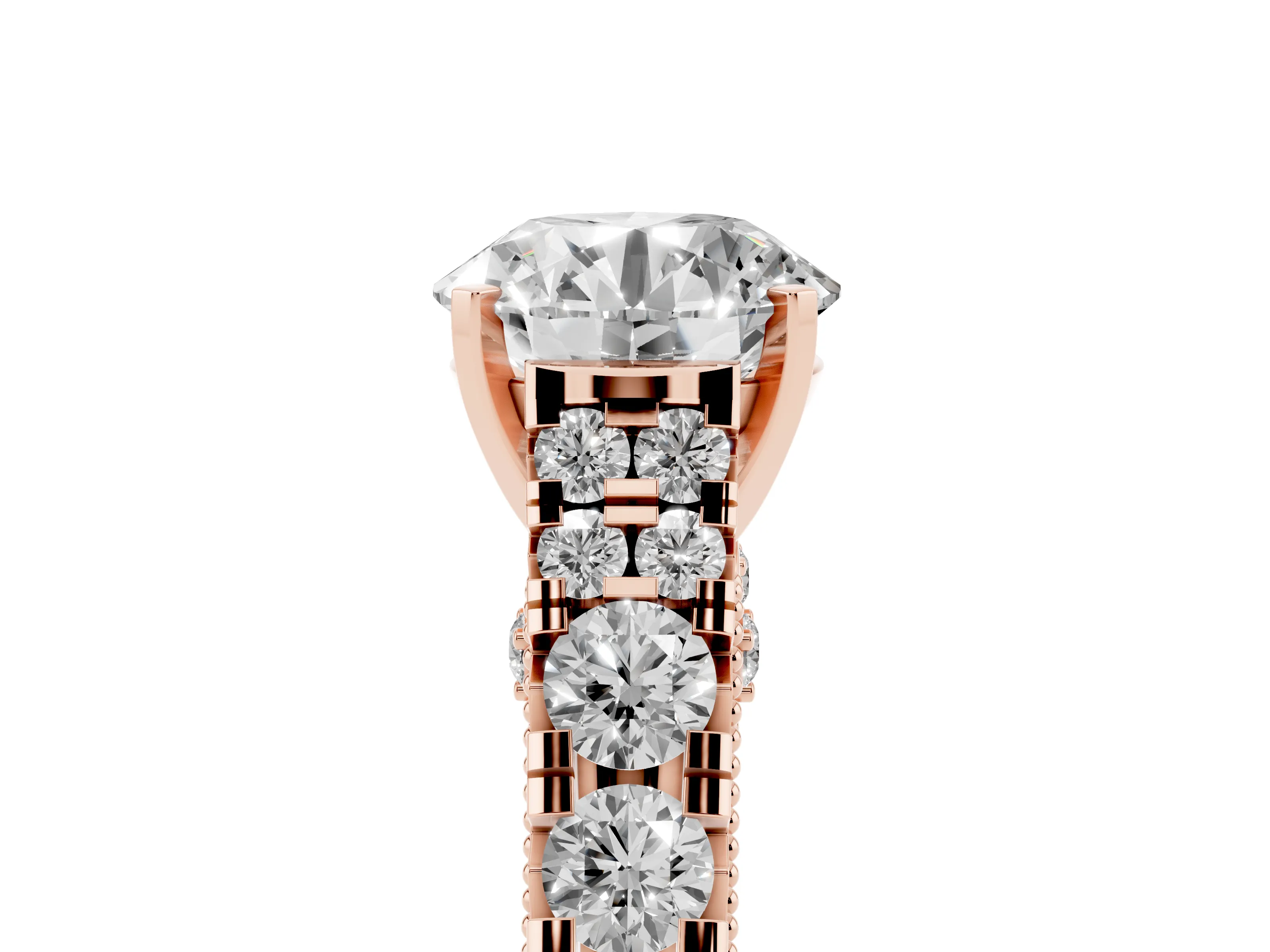 Round Cut Diamond Classic Solitaire Ring Set in Rose gold with Pavé Band and Prong Setting