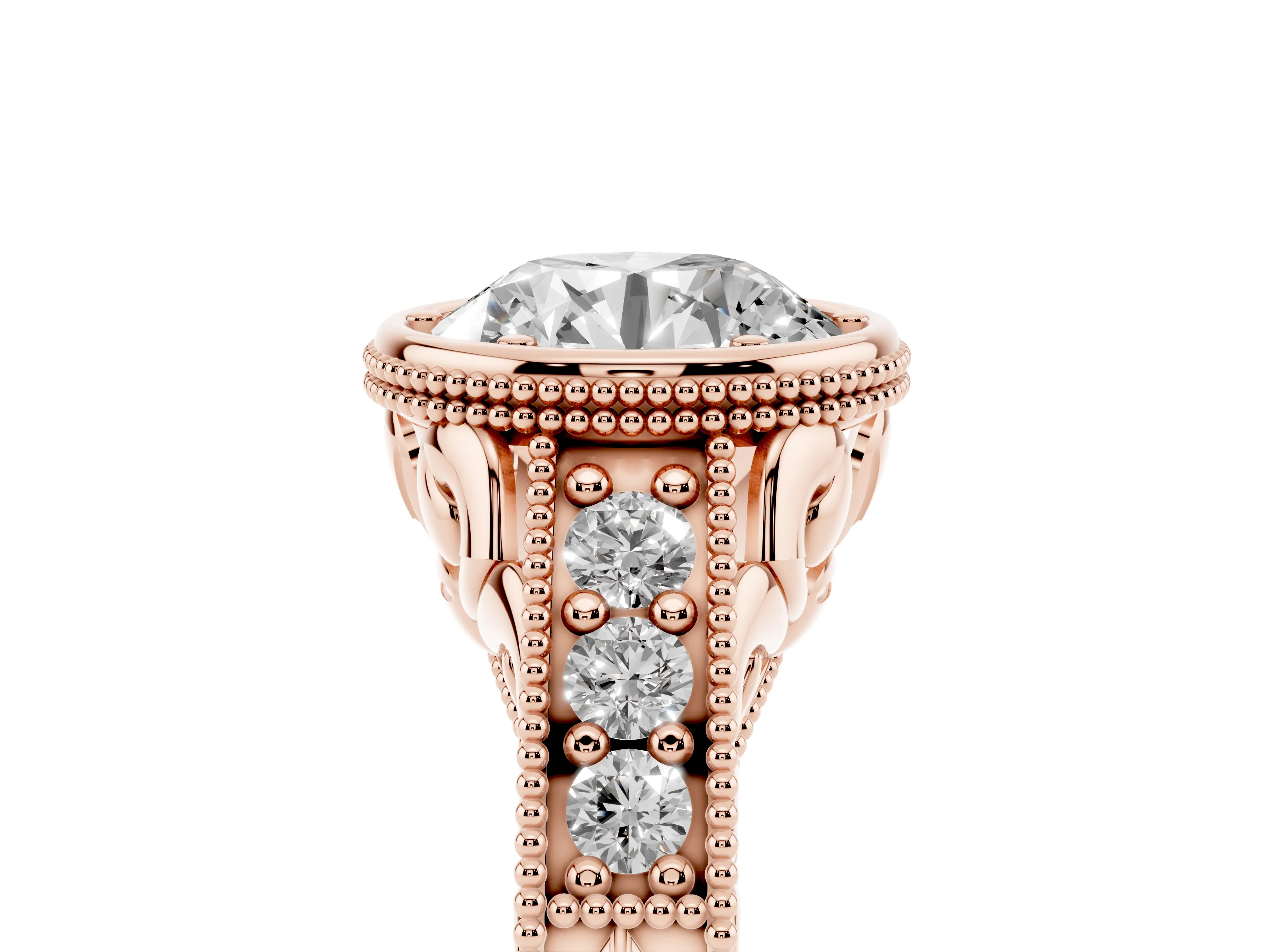 Bezel Set Round Cut Diamond Milgrain Pavé Engagement Ring Set in Rose gold