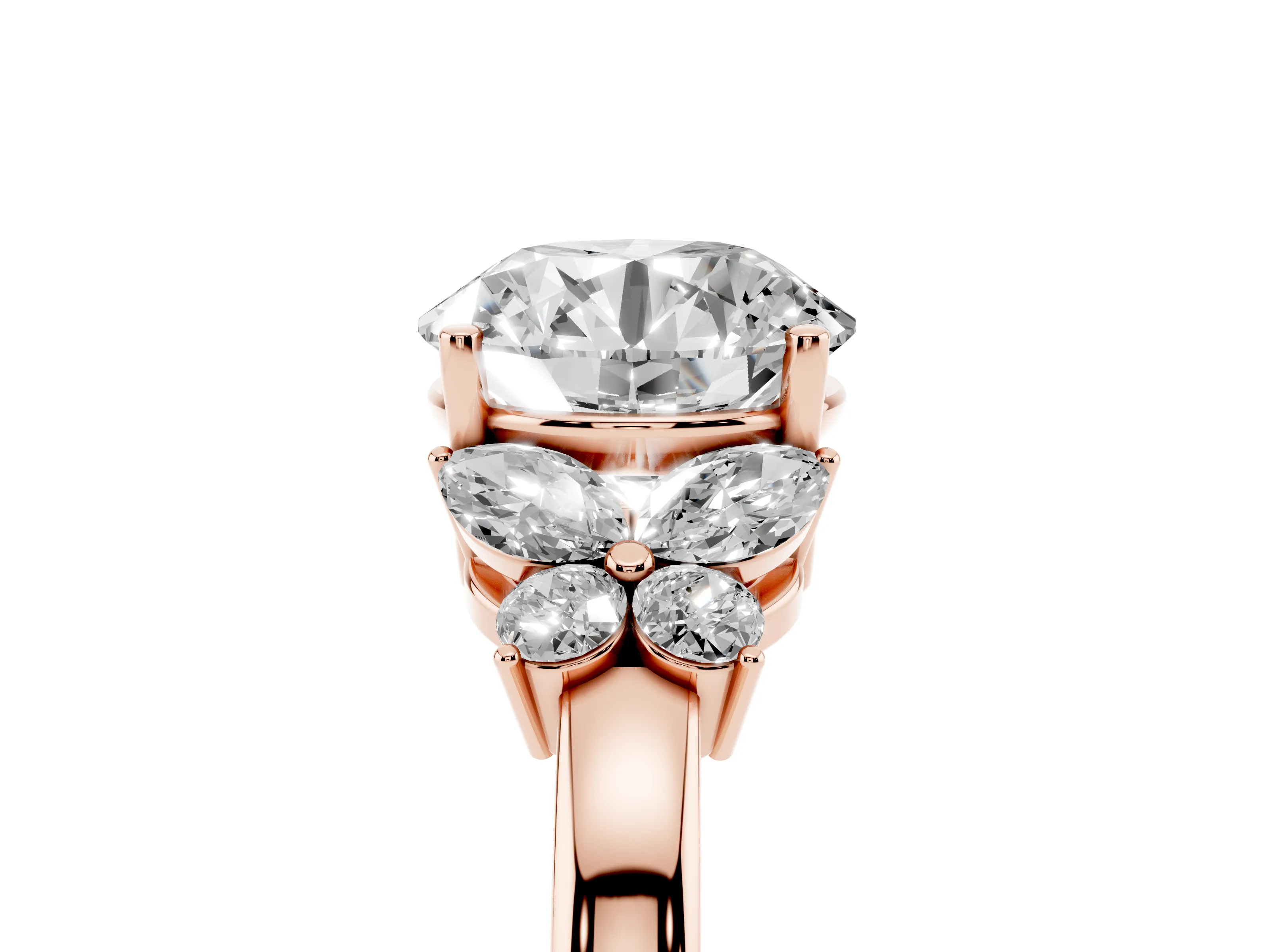 Round Cut Diamond Solitaire Floral Ring Set in Rose gold with Marquise Petals and Prong Setting