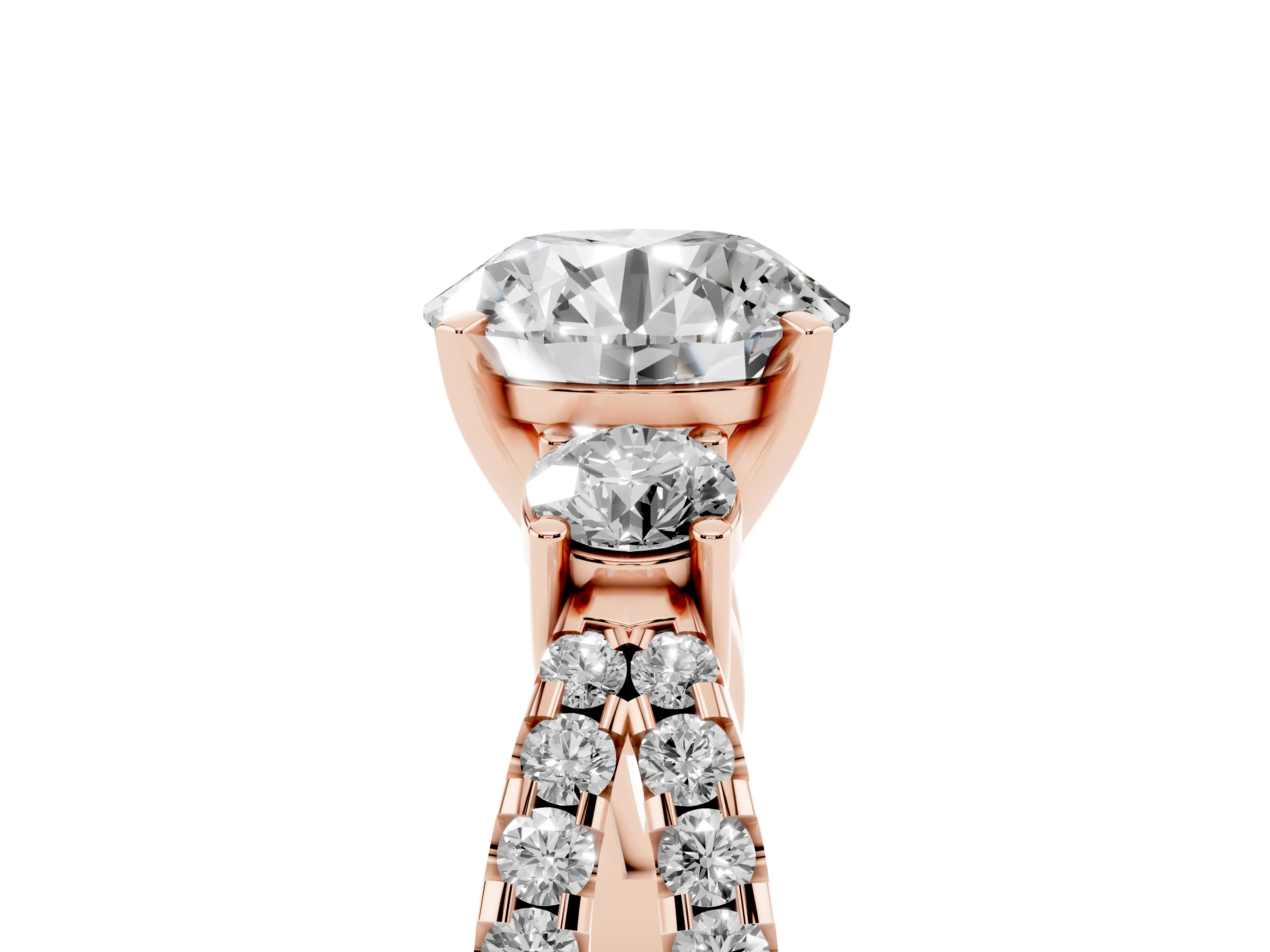 Round Cut Diamond Three-Stone Ring Set in Rose gold with Pavé Split Shank and Prong Setting