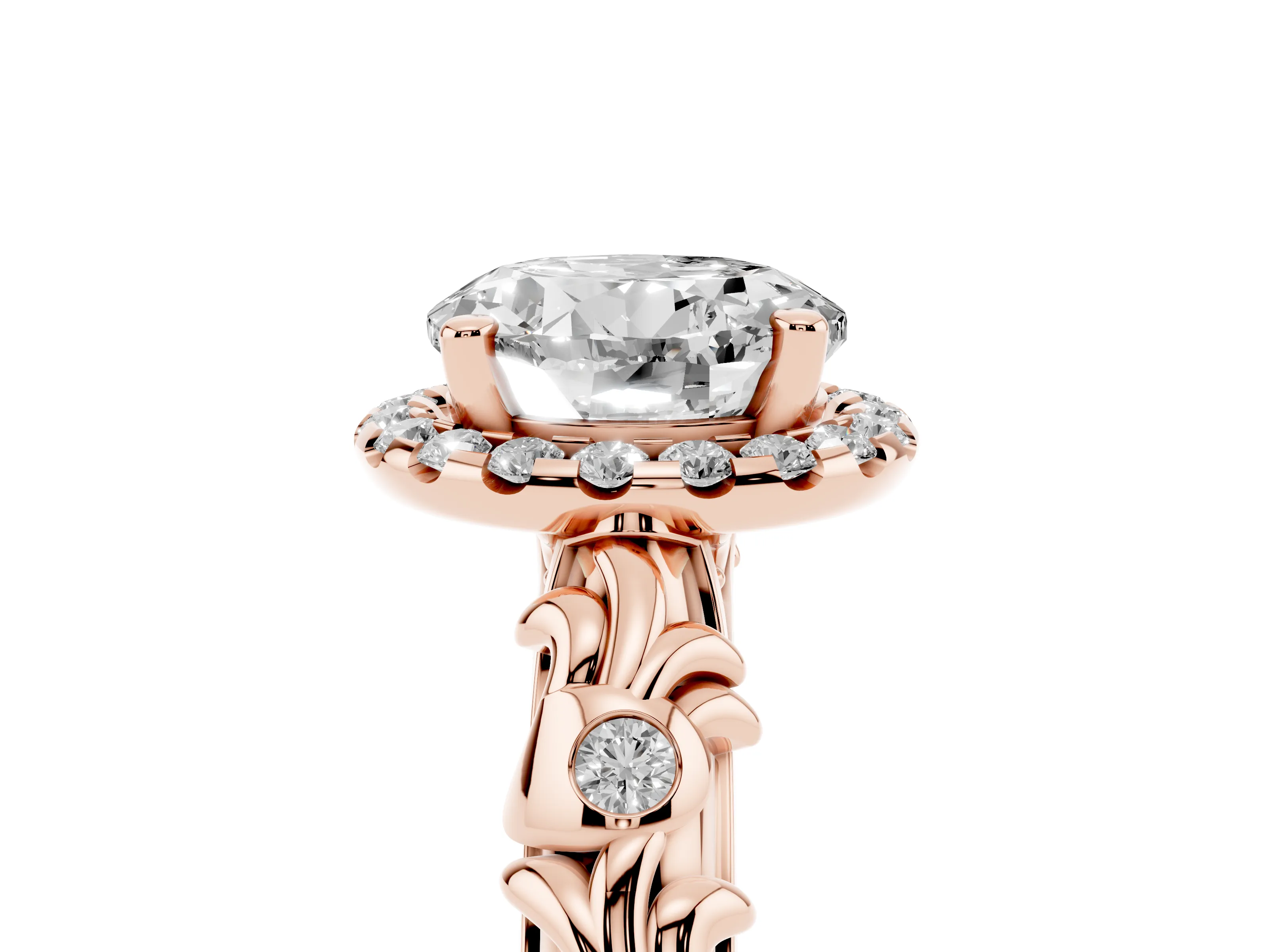 Round Cut Diamond Halo Ring Set in Rose gold with Filigree Leaf Band and Prong Setting