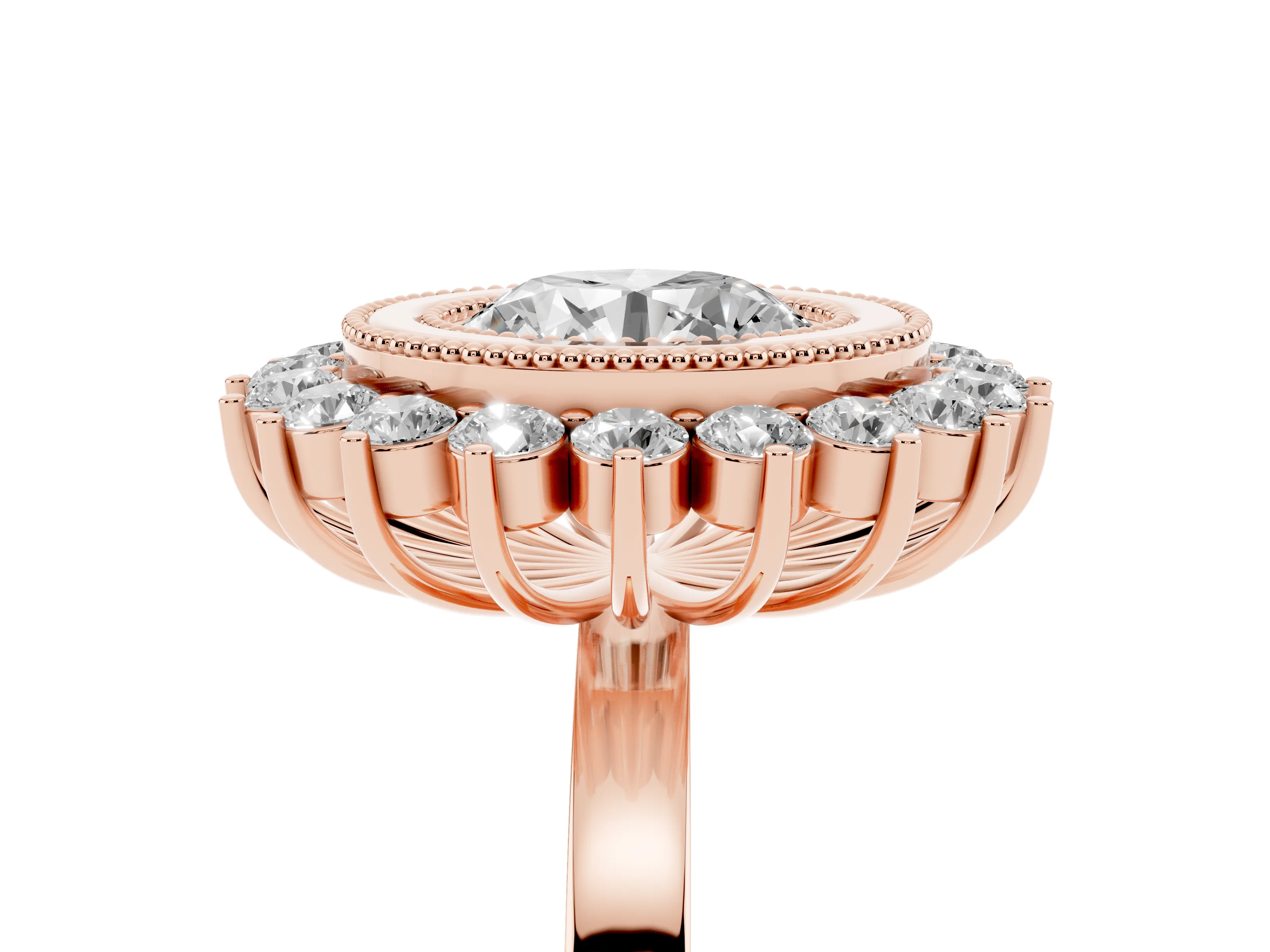 Round Cut Diamond Halo Ring Set in Rose gold with Milgrain Edge and Round Prong Setting