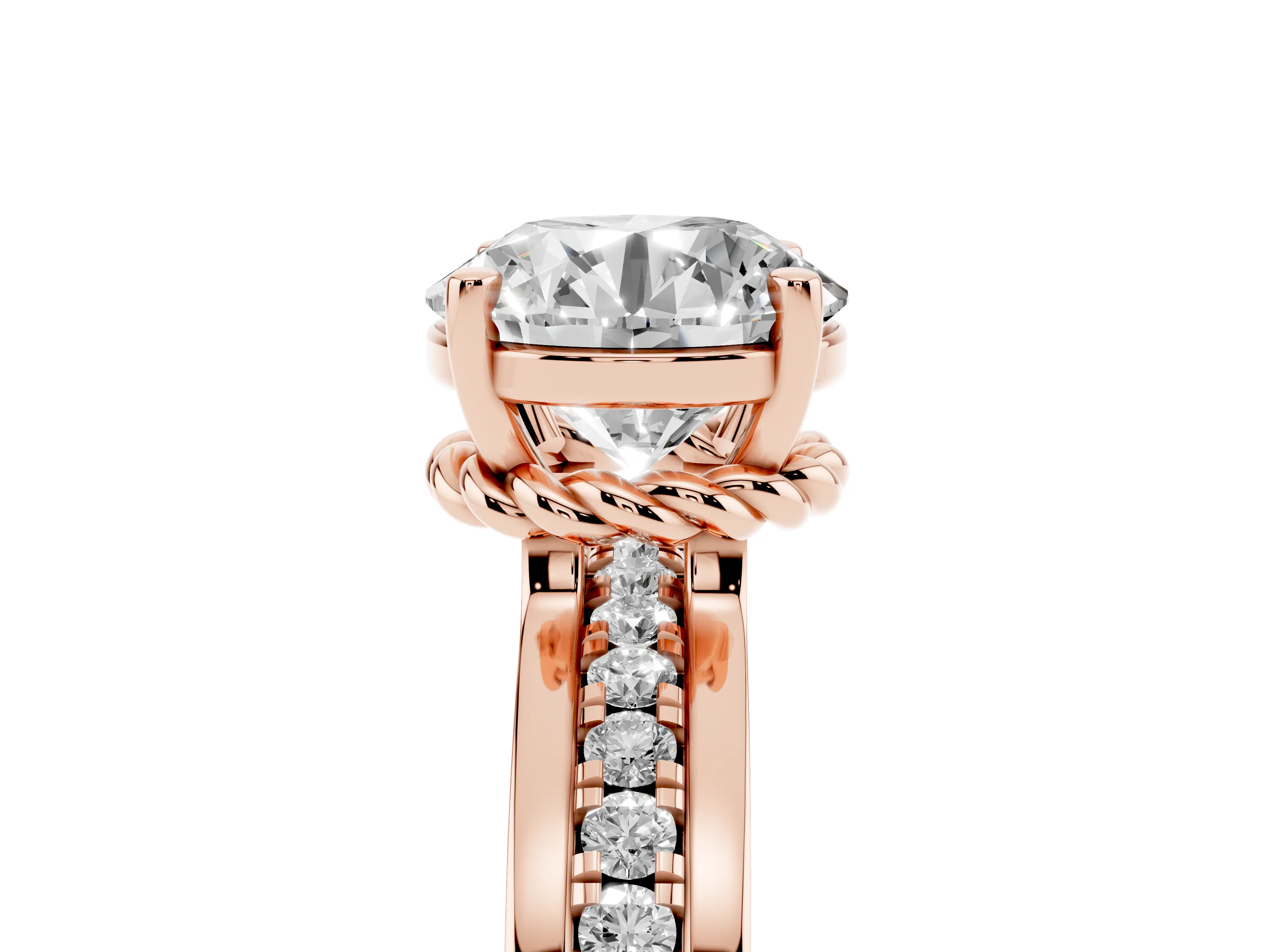 Round Cut Diamond Solitaire Ring Set in Rose gold with Channel Set Band and Prong Setting