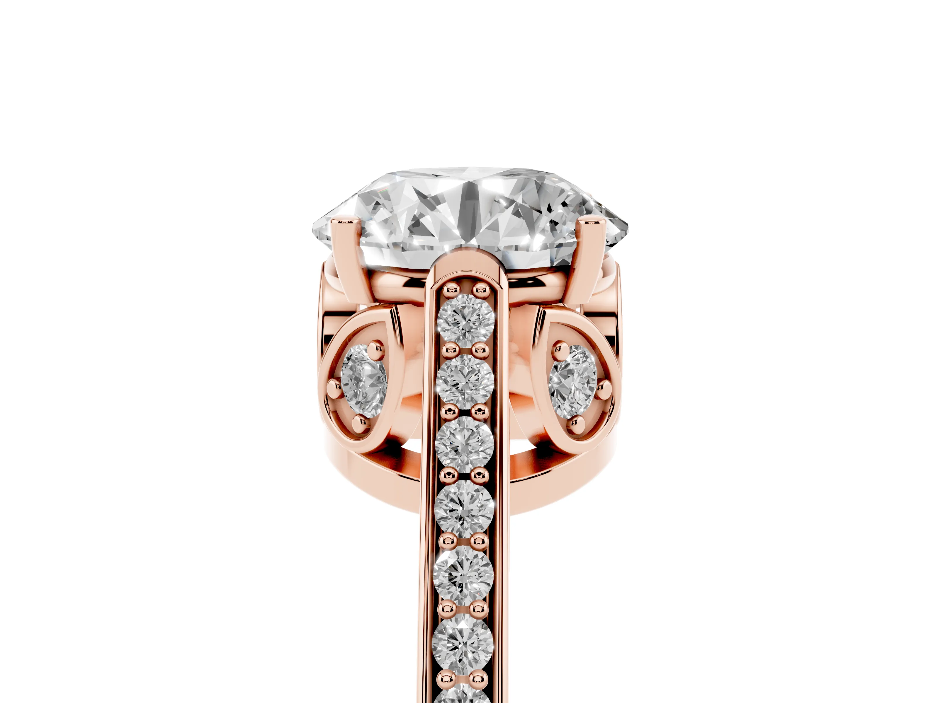 Round Cut Diamond Cathedral Pavé Engagement Ring Set in Rose gold with Prong Setting