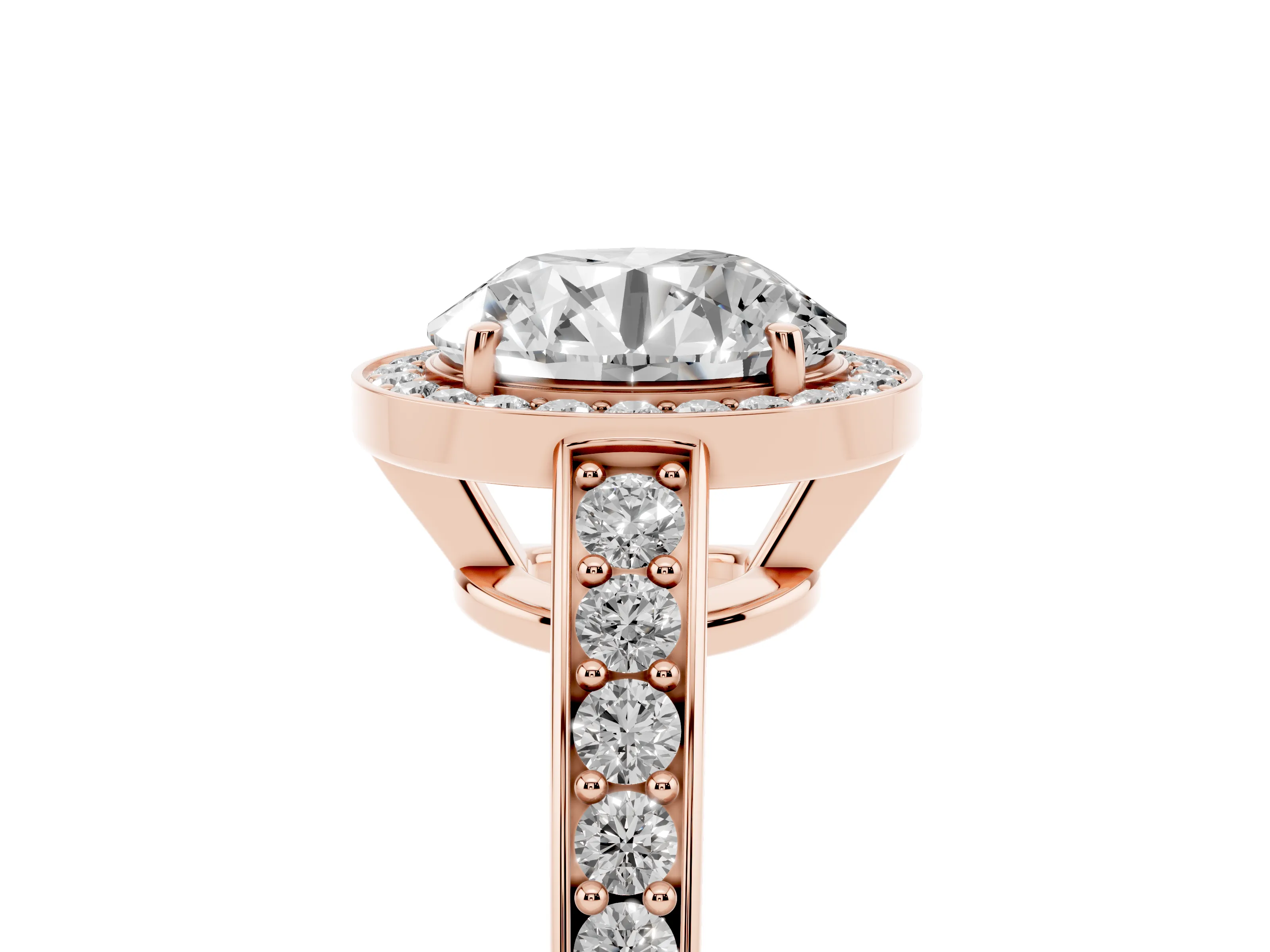 Round Cut Diamond Halo Pavé Engagement Ring Set in Rose gold with Bezel Setting
