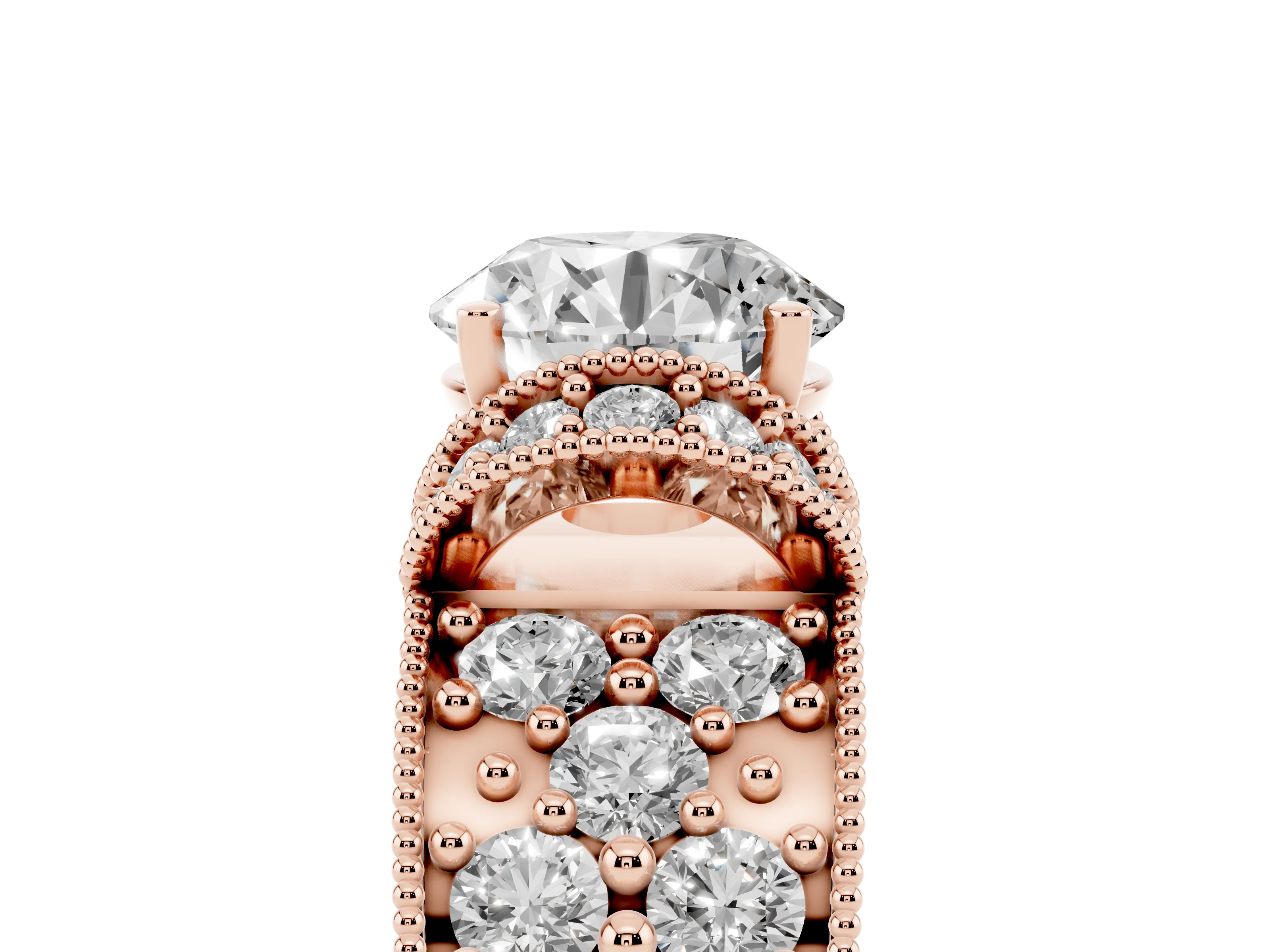 Round Cut Diamond Milgrain Halo Pavé Engagement Ring Set in Rose gold with Prong Setting