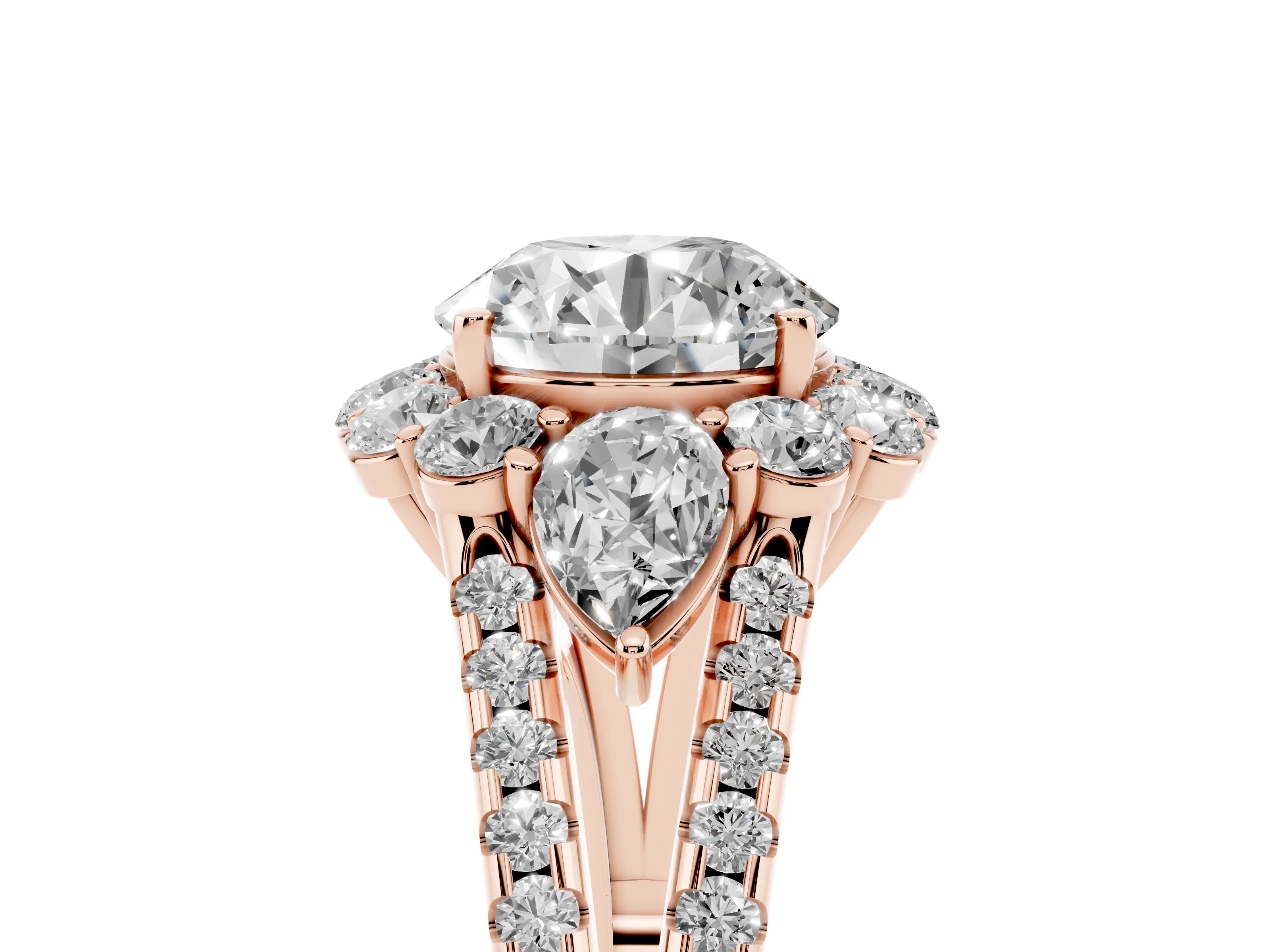 Round Cut Diamond Halo Split Shank Engagement Ring Set in Rose gold with Prong-Held Center Stone