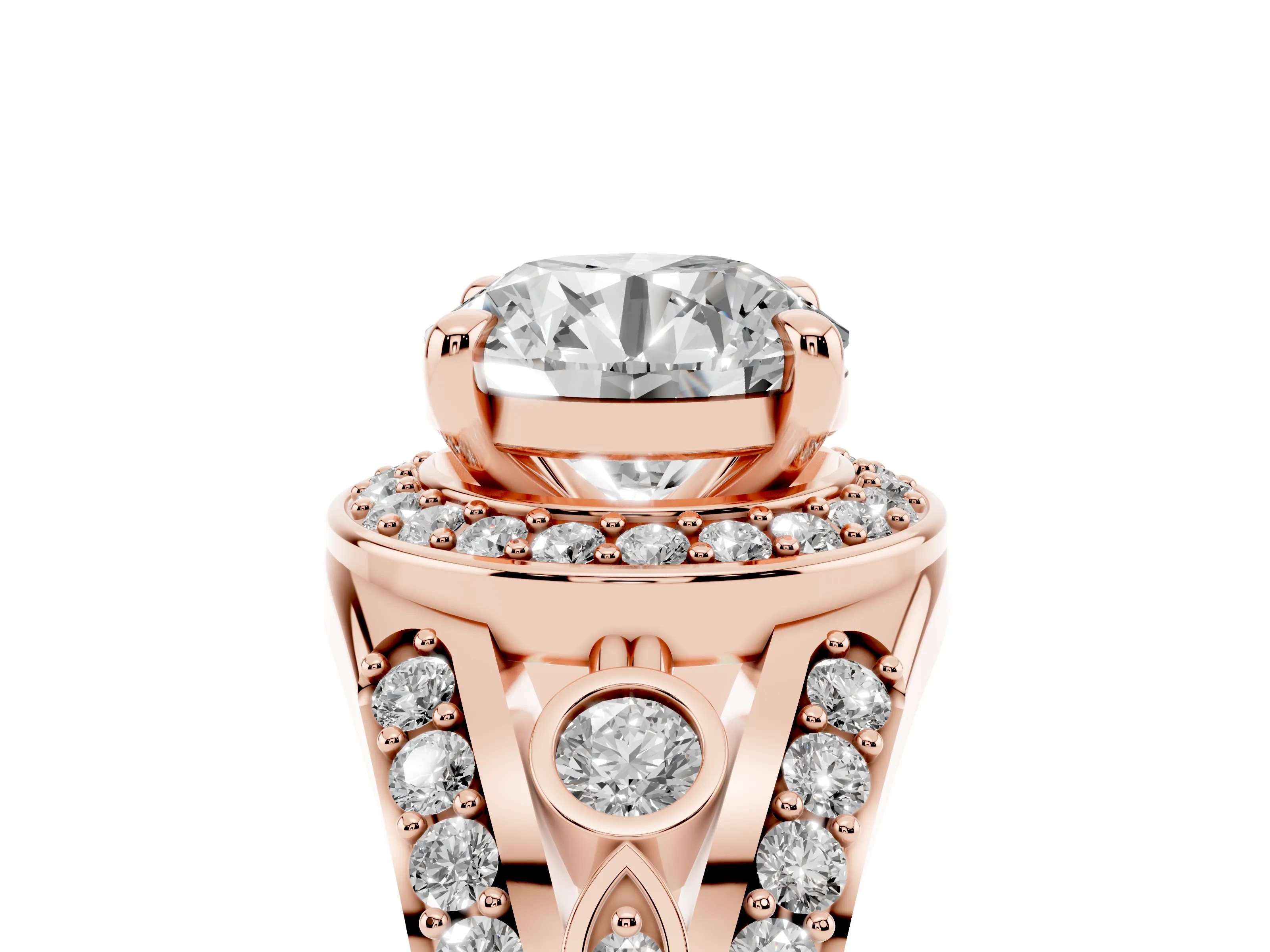 Round Cut Diamond Halo Ring Set in Rose gold with Pavé Split Shank and Bezel Accents