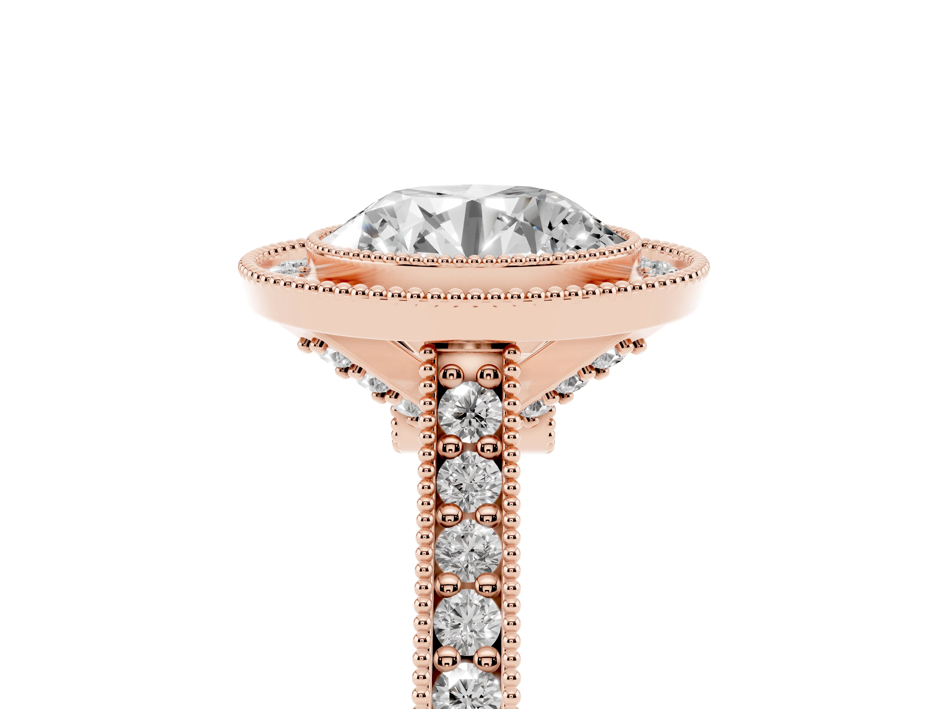 Round Cut Diamond Halo Milgrain Pavé Band Ring Set in Rose gold with Prong Setting