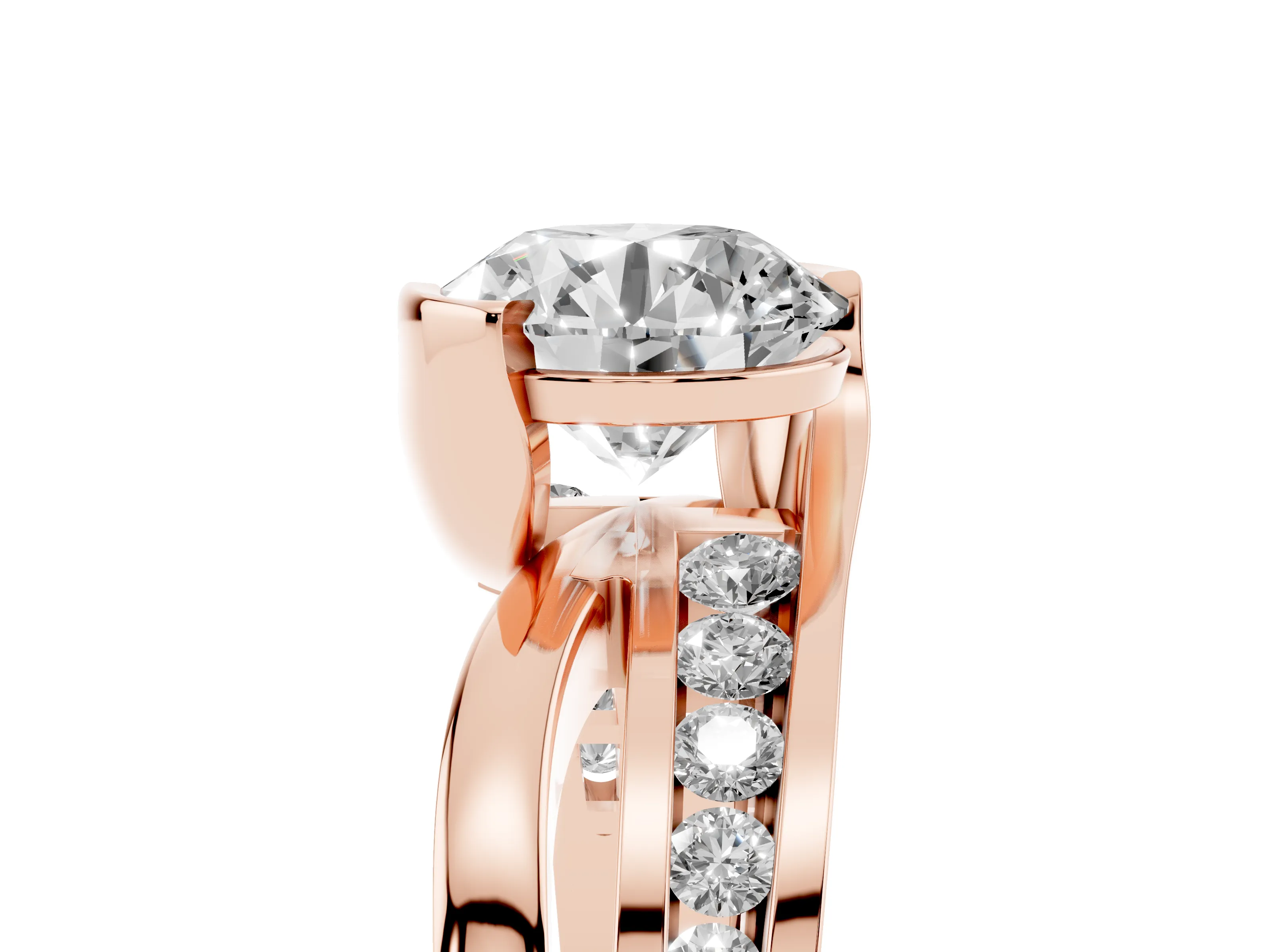 Round Cut Diamond Solitaire Ring Set in Rose gold with Channel Set Split Shank and Tension Prongs