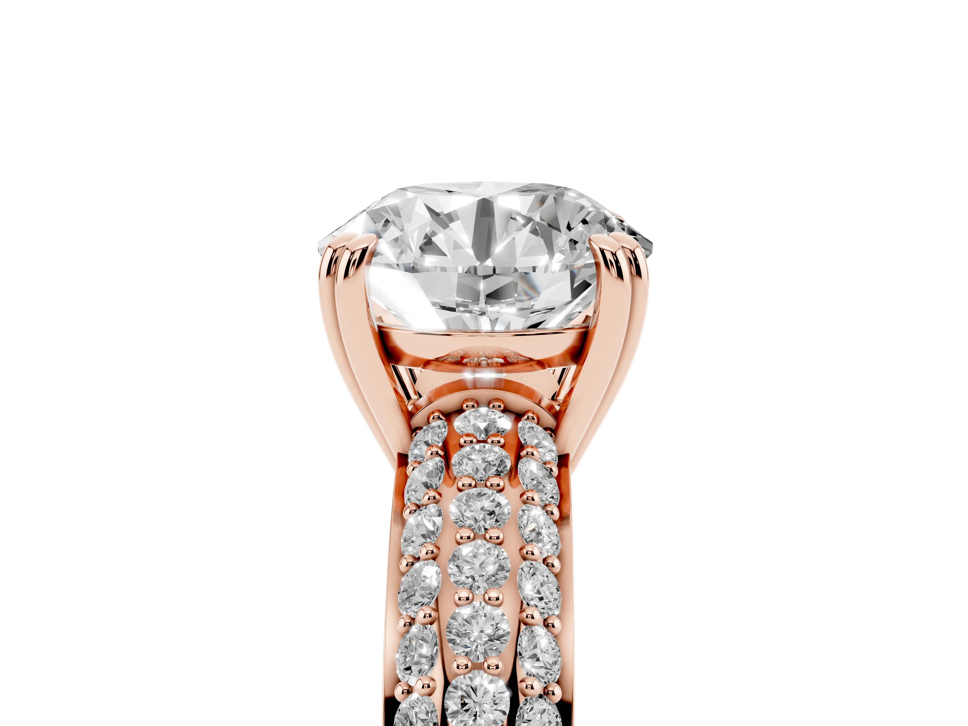 Round Cut Diamond Solitaire Ring Set in Rose gold with Multi-Row Round Pavé Band and Prong Setting