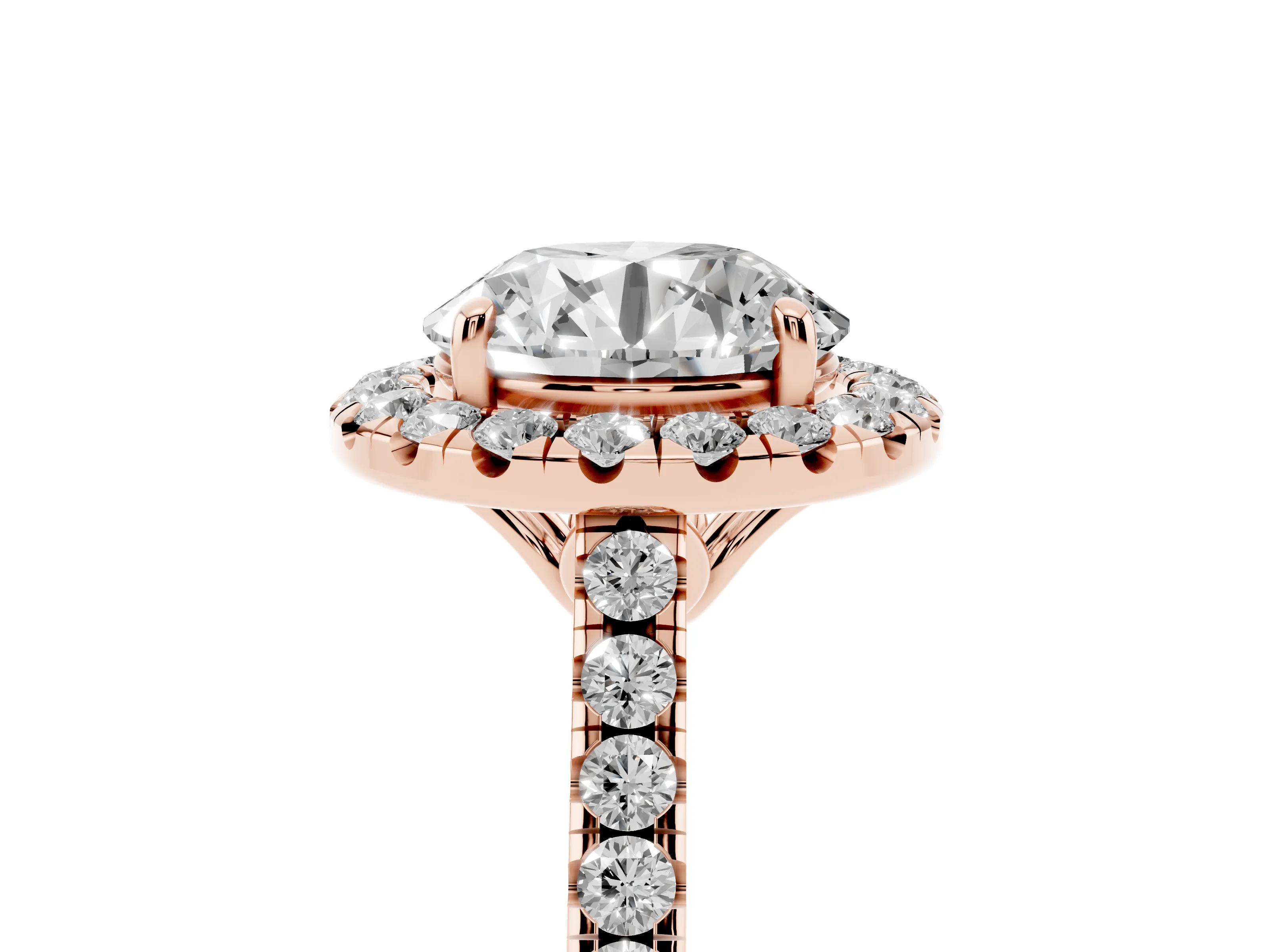 Round Cut Diamond Pavé Halo Engagement Ring Set in Rose gold with Pavé Band and Prong Setting
