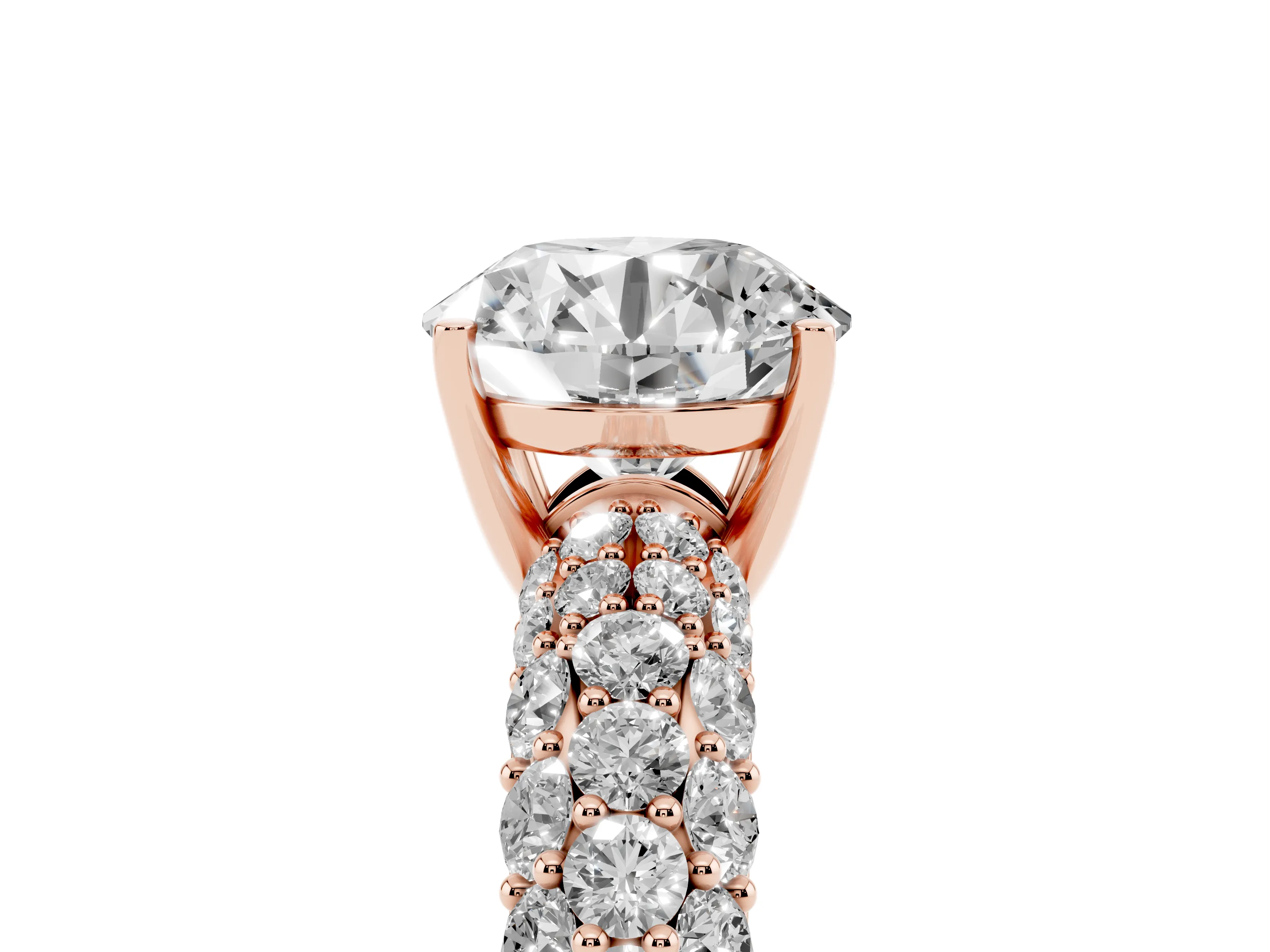 Round Cut Diamond Pavé Band Solitaire Ring Set in Rose gold with Close-Set Accent Stones and Prong Setting