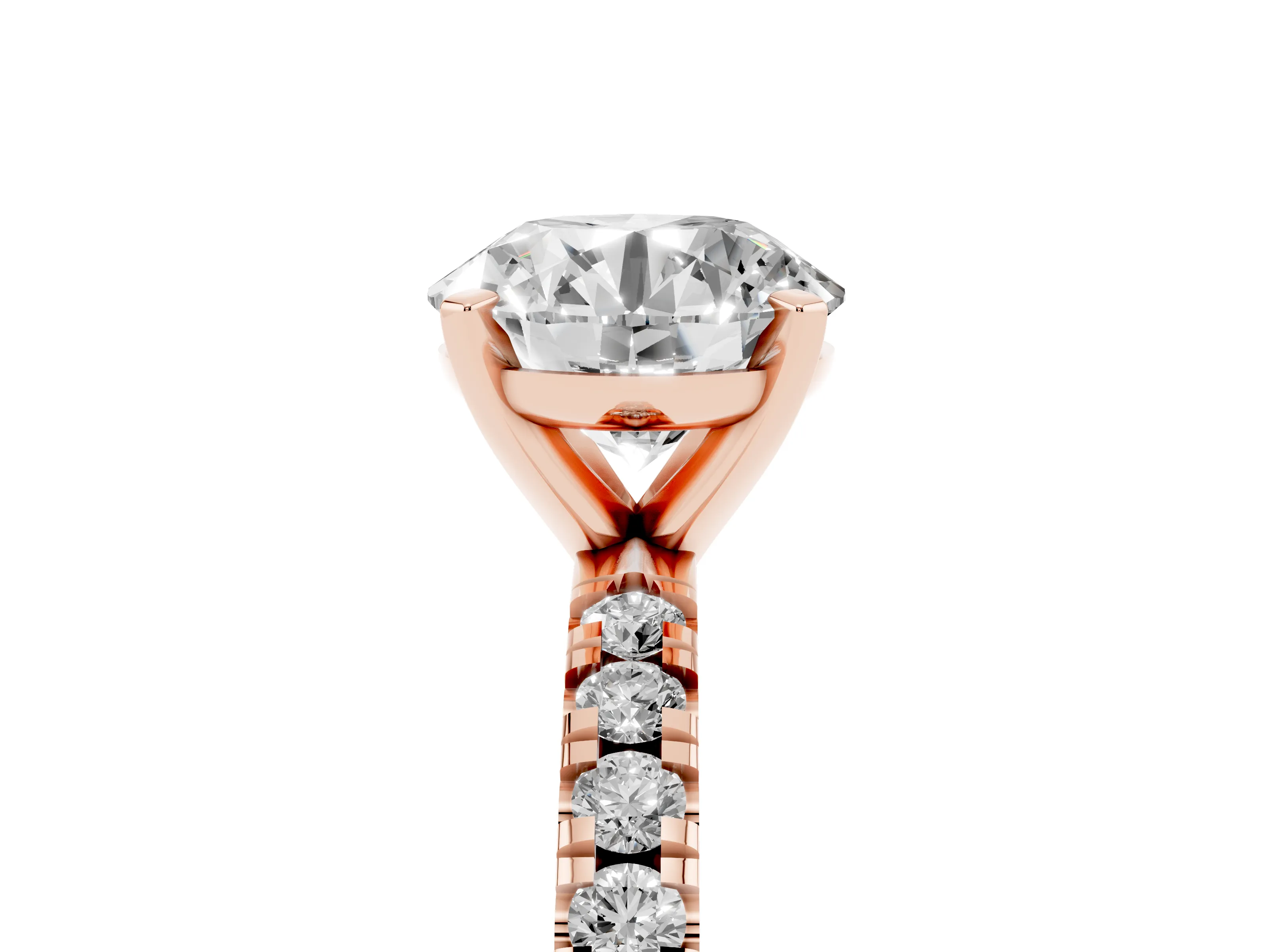 Round Cut Diamond Pavé Band Solitaire Set in Rose gold with Prong Setting