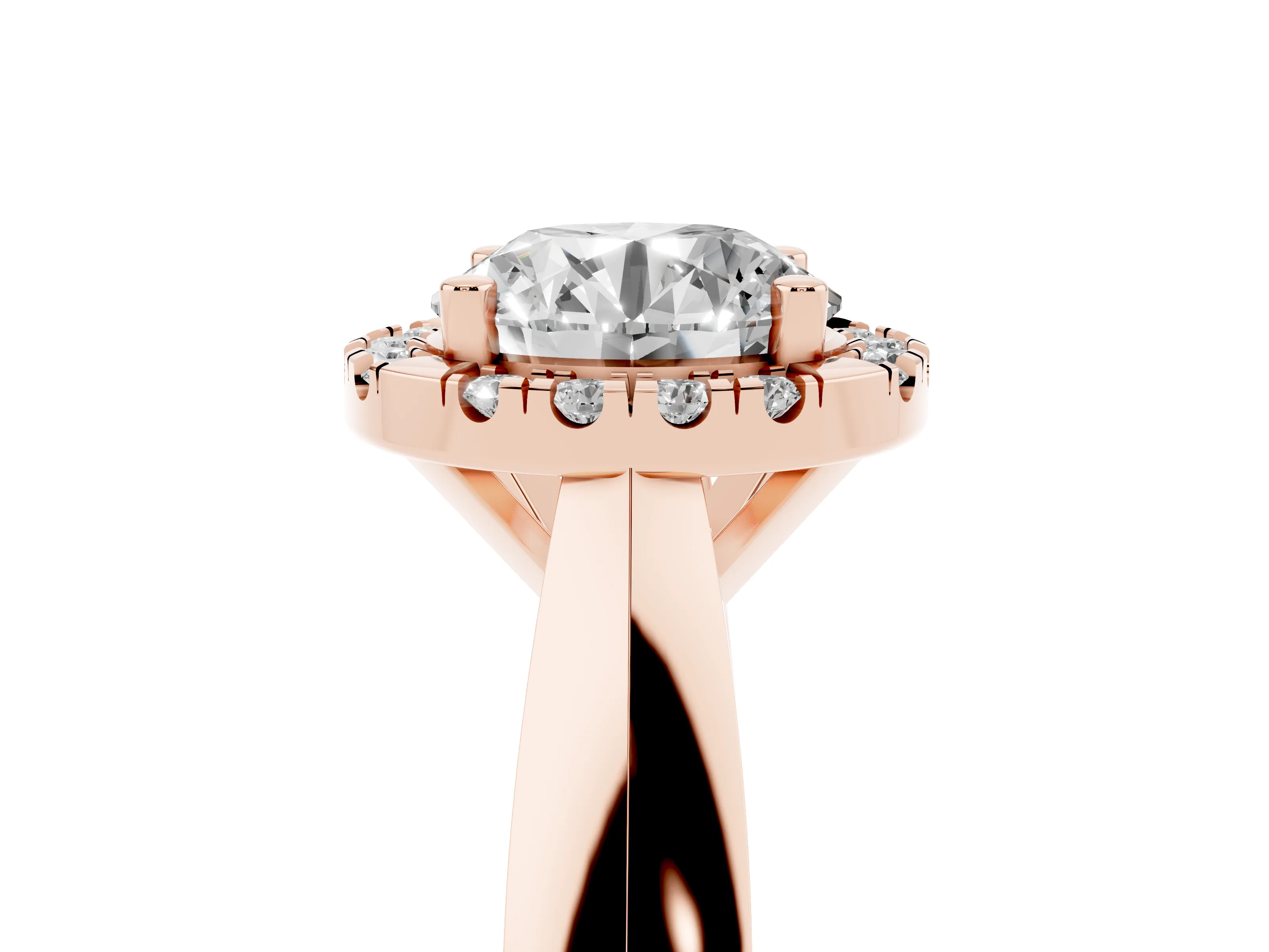 Round Cut Diamond Halo Solitaire Engagement Ring Set in Rose gold with Square Band and Prong Setting