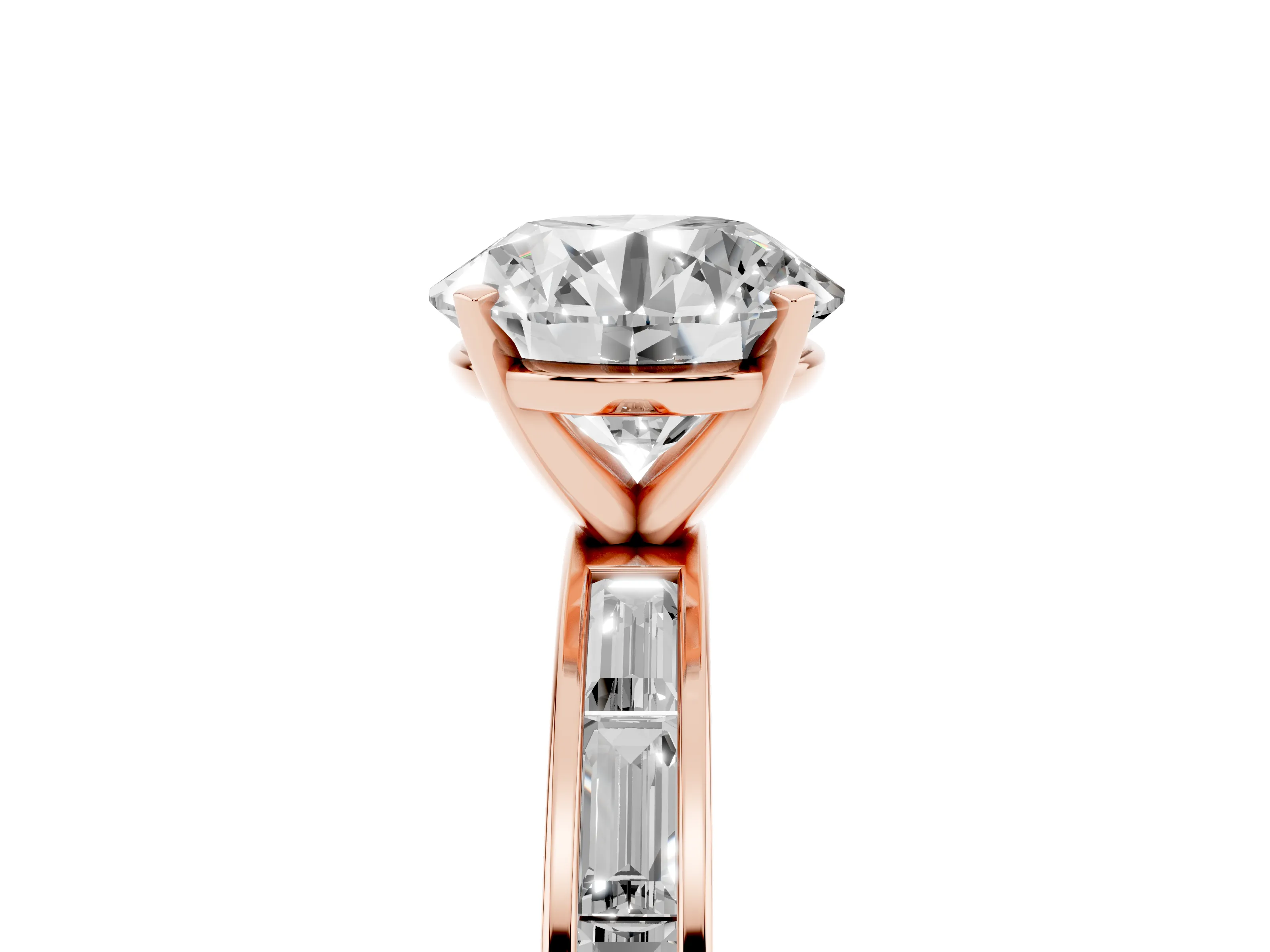 Round Cut Diamond Solitaire Ring Set in Rose gold with Channel-Set Baguette Band and Prong Setting