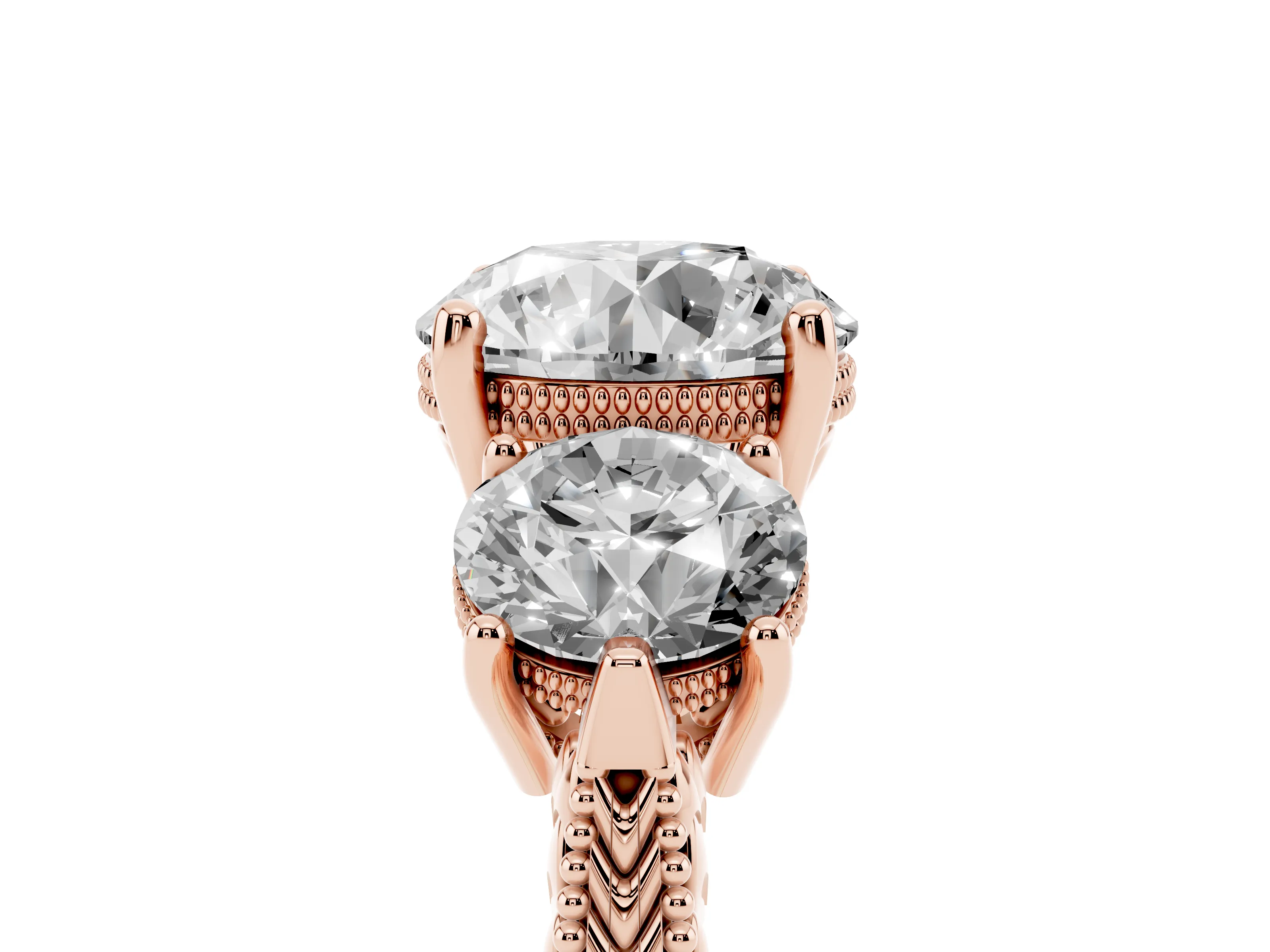 Round Cut Diamond Three-Stone Ring Set in Rose gold with Milgrain Band