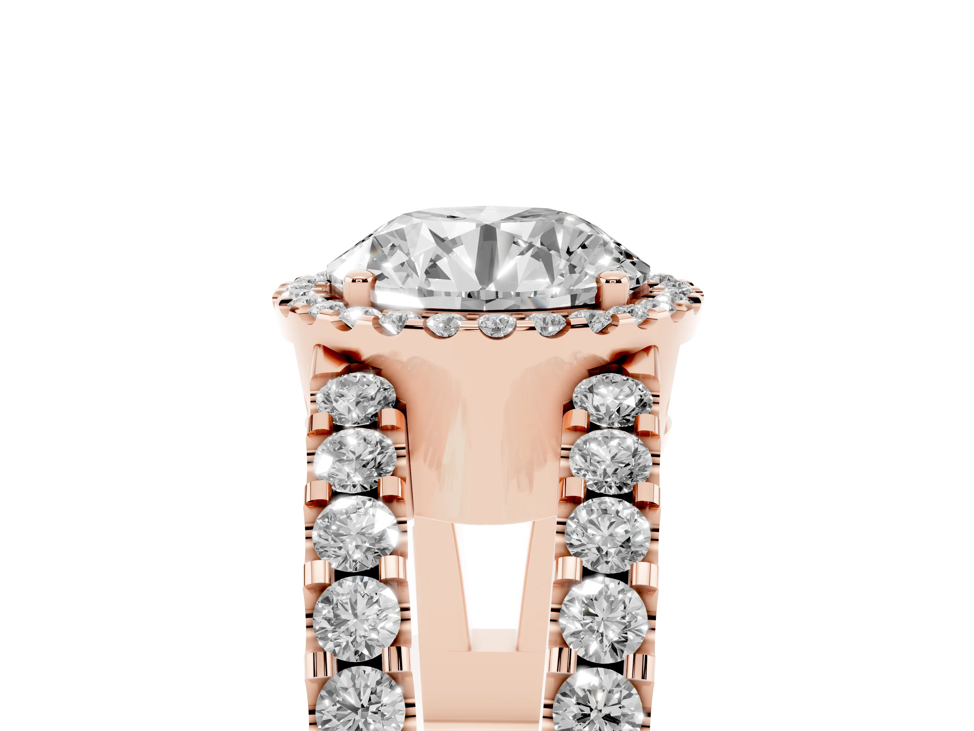 Round Cut Diamond Halo Ring Set in Rose gold with Pavé Split Shank and Prong Setting