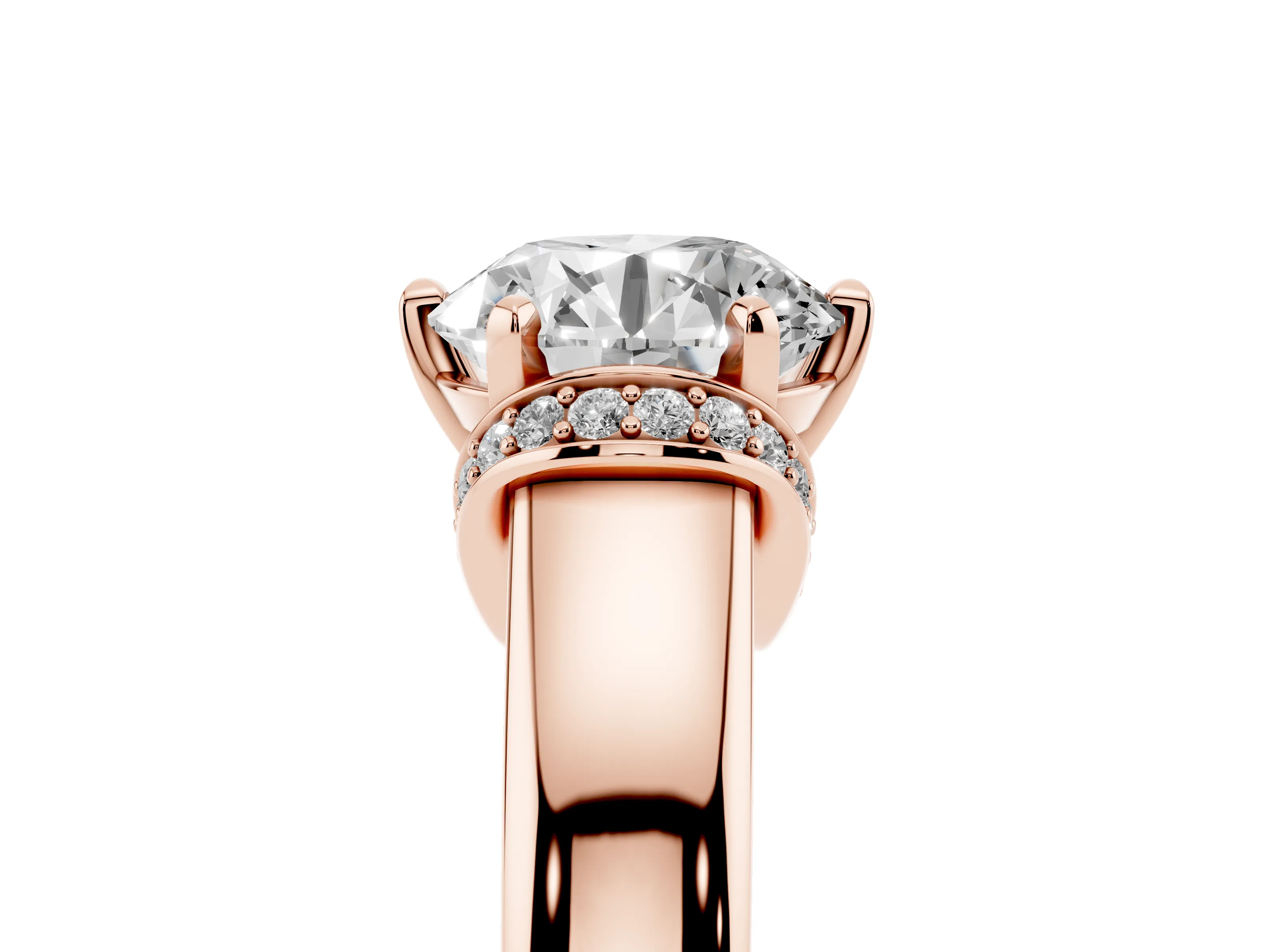 Round Cut Diamond Pavé Band Solitaire Ring Set in Rose gold with Prong Setting