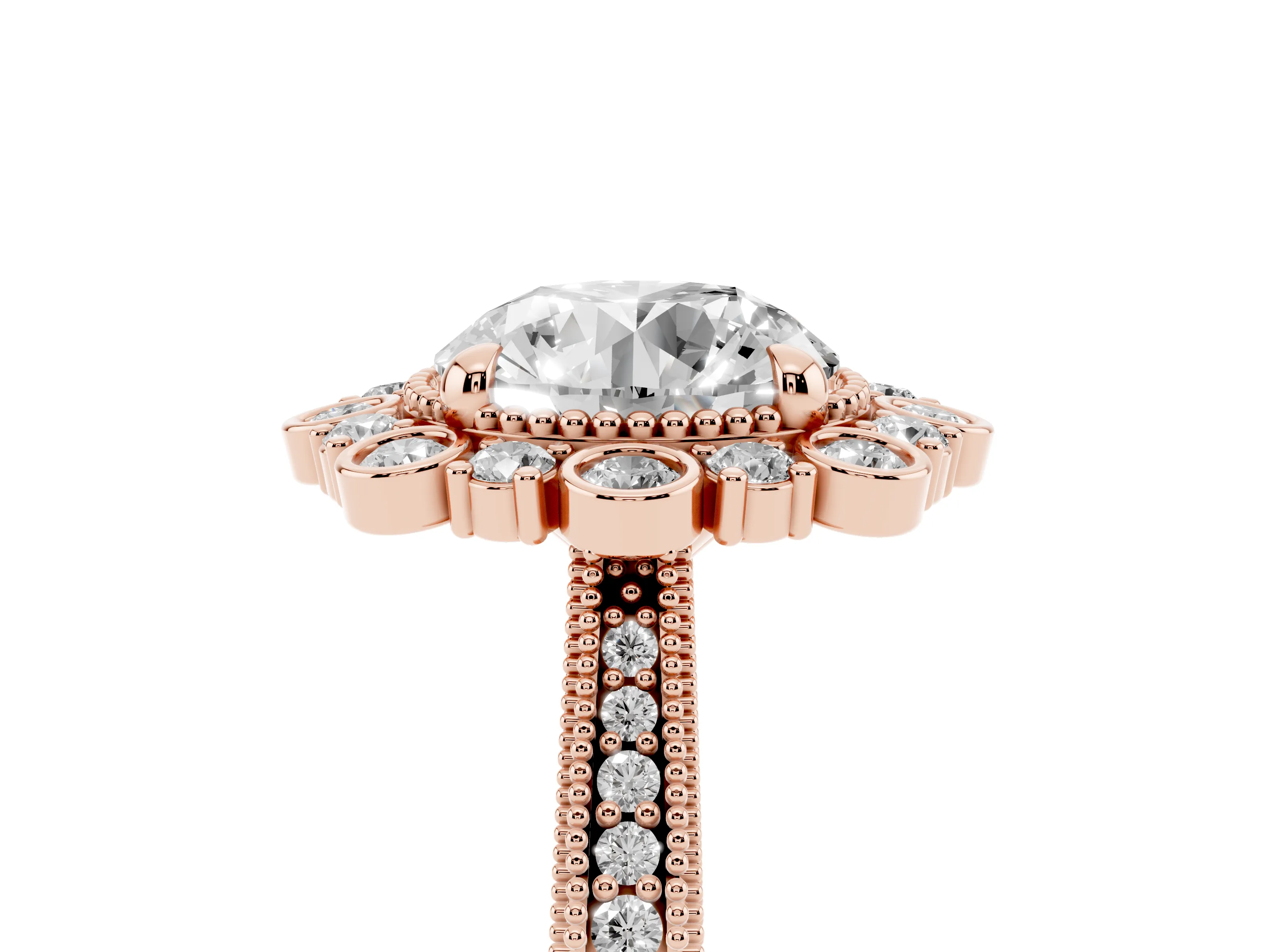 Round Cut Diamond Halo Milgrain Pavé Ring Set in Rose gold with Prong Setting