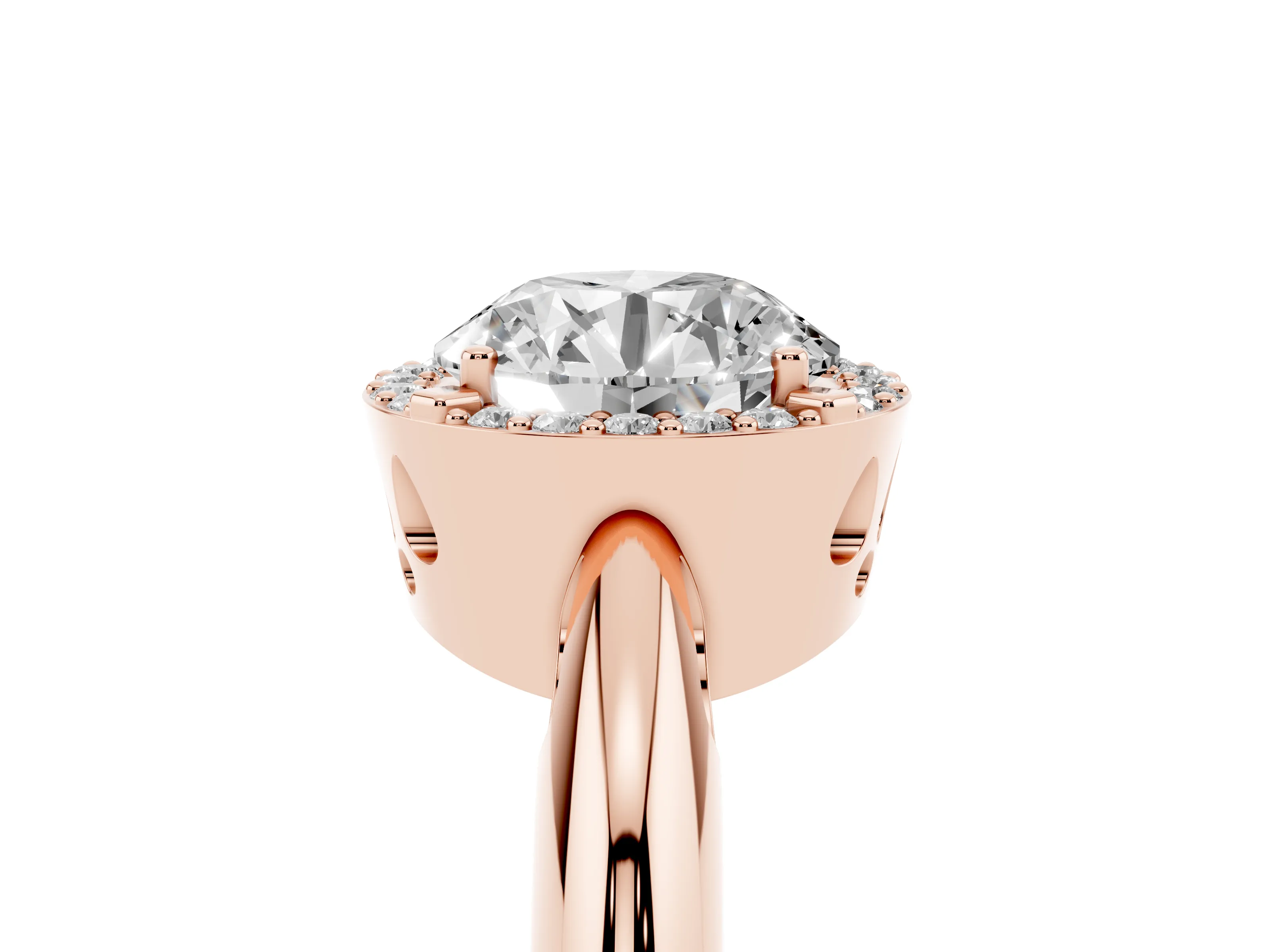 Round Cut Diamond Halo Engagement Ring Set in Rose gold with Plain Split Shank and Prong Setting