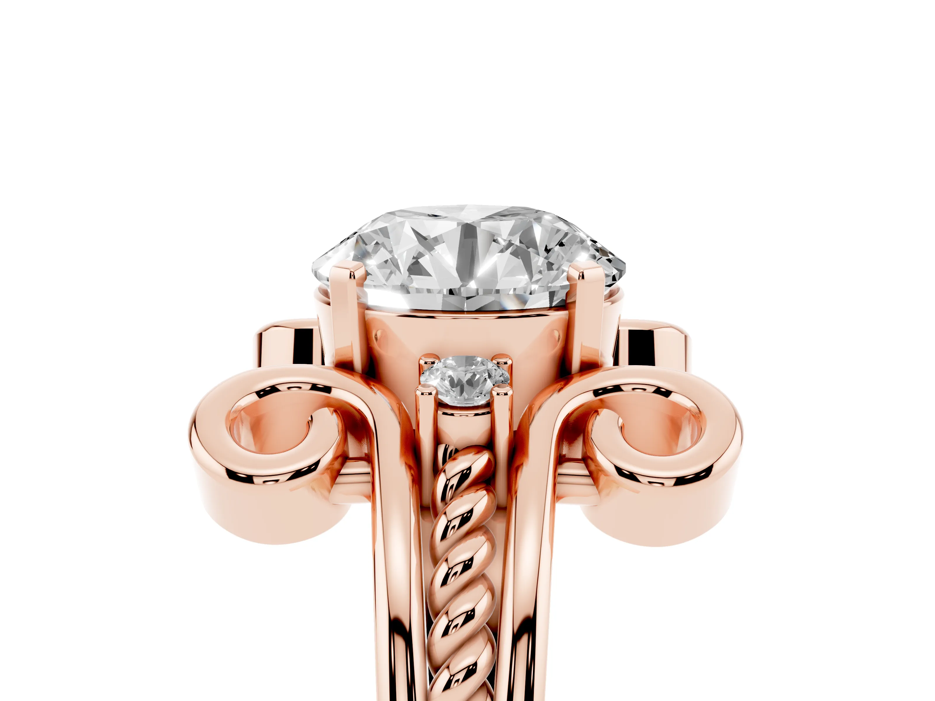 Round Cut Diamond Twisted Band Solitaire Ring Set in Rose gold with Scroll Prongs