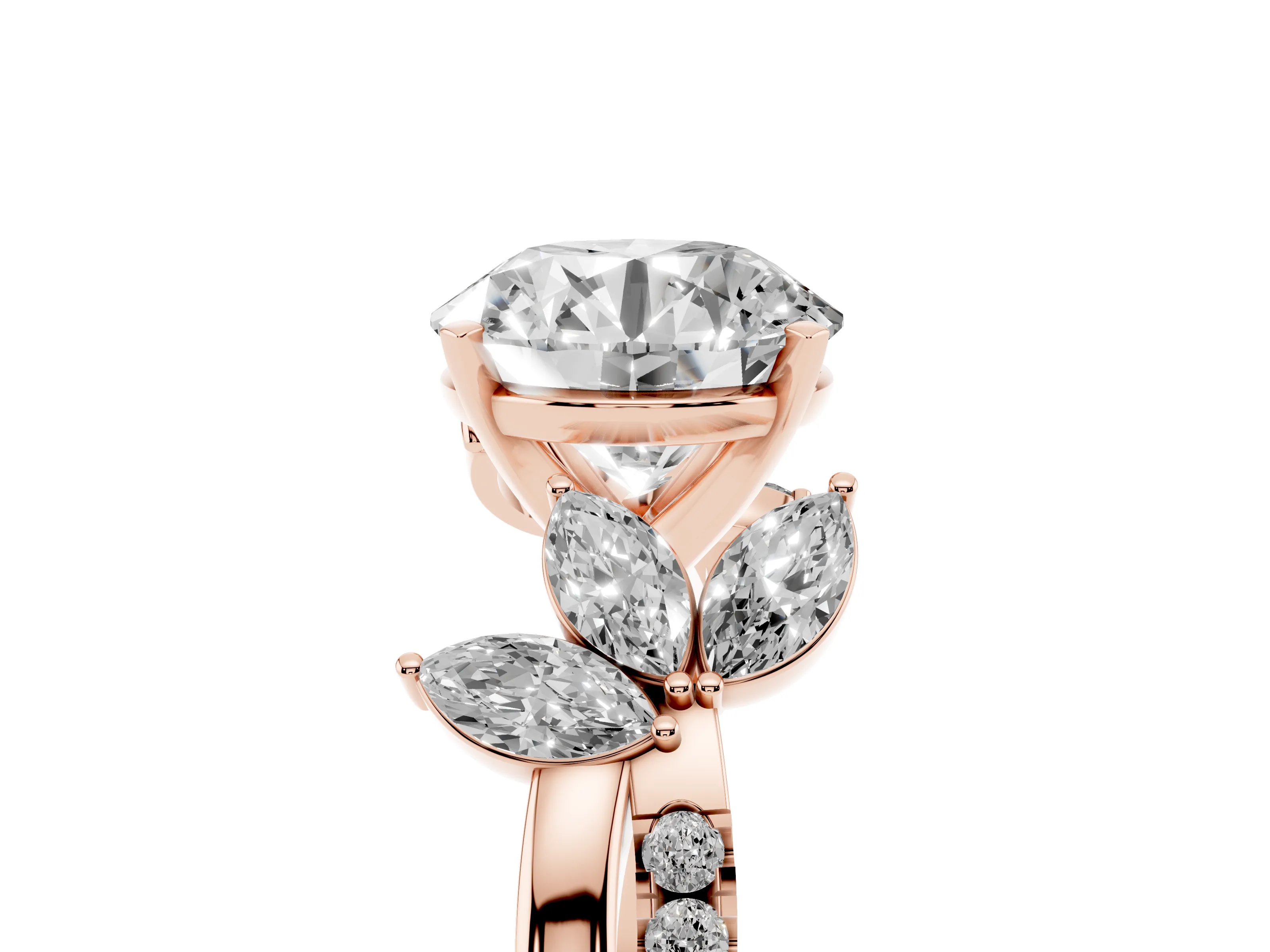 Round Cut Diamond Floral Vine Solitaire Engagement Ring Set in Rose gold with Marquise Leaves