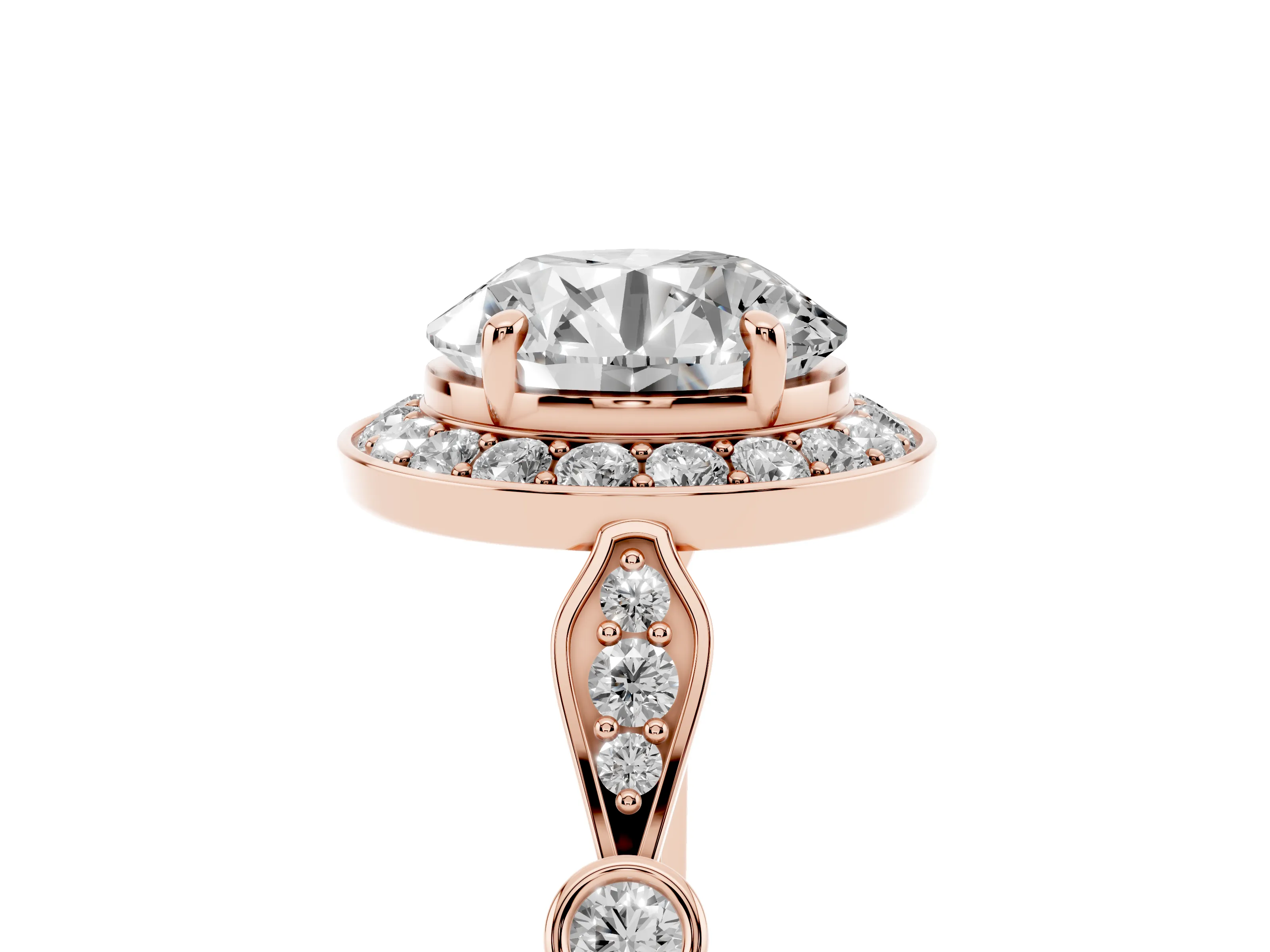 Round Cut Diamond Halo Engagement Ring Set in Rose gold with Twisted Band and Prong Setting