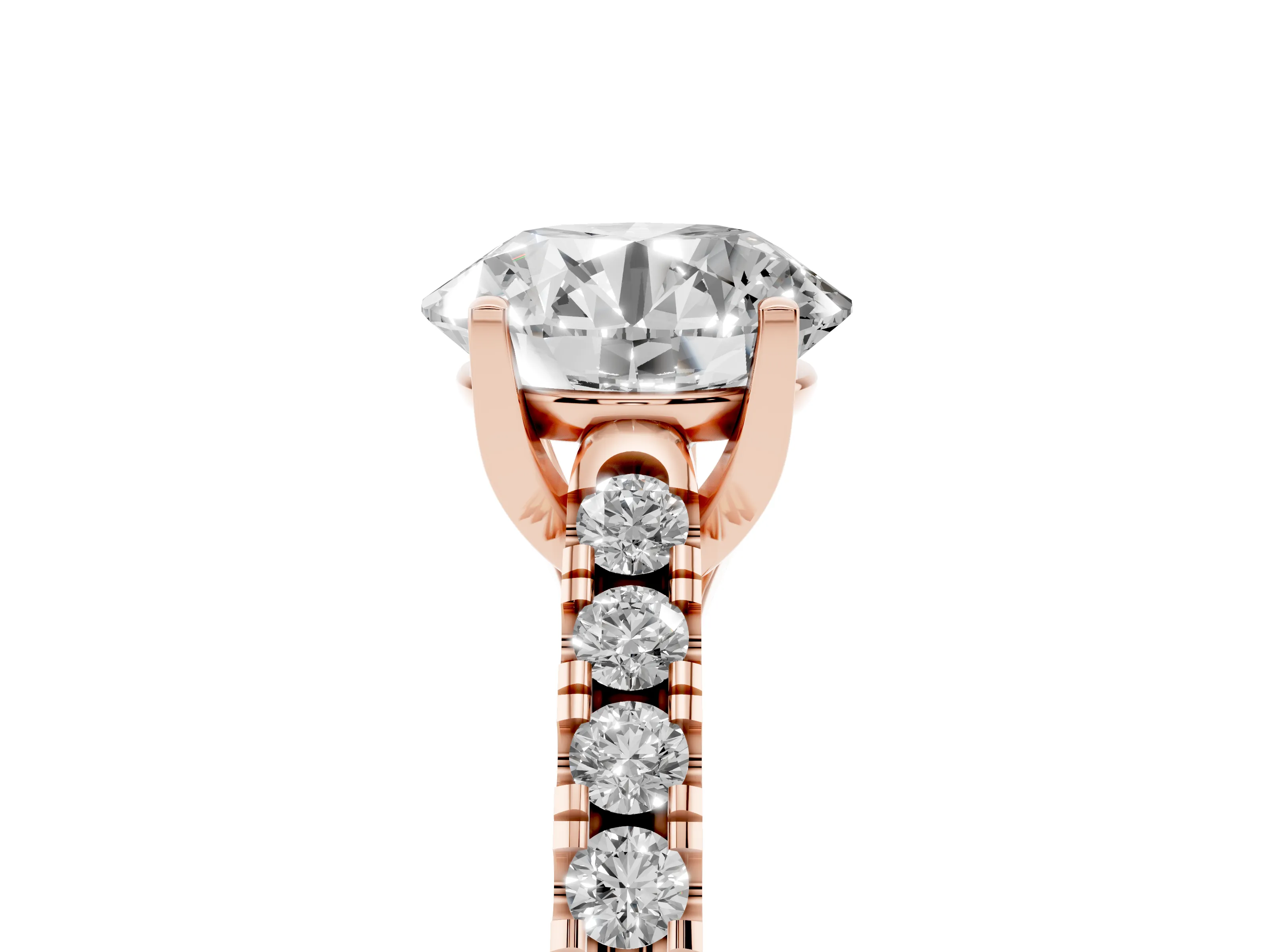 Round Cut Diamond Pavé Band Solitaire Ring Set in Rose gold with Partway Accent Stones and Prong Setting