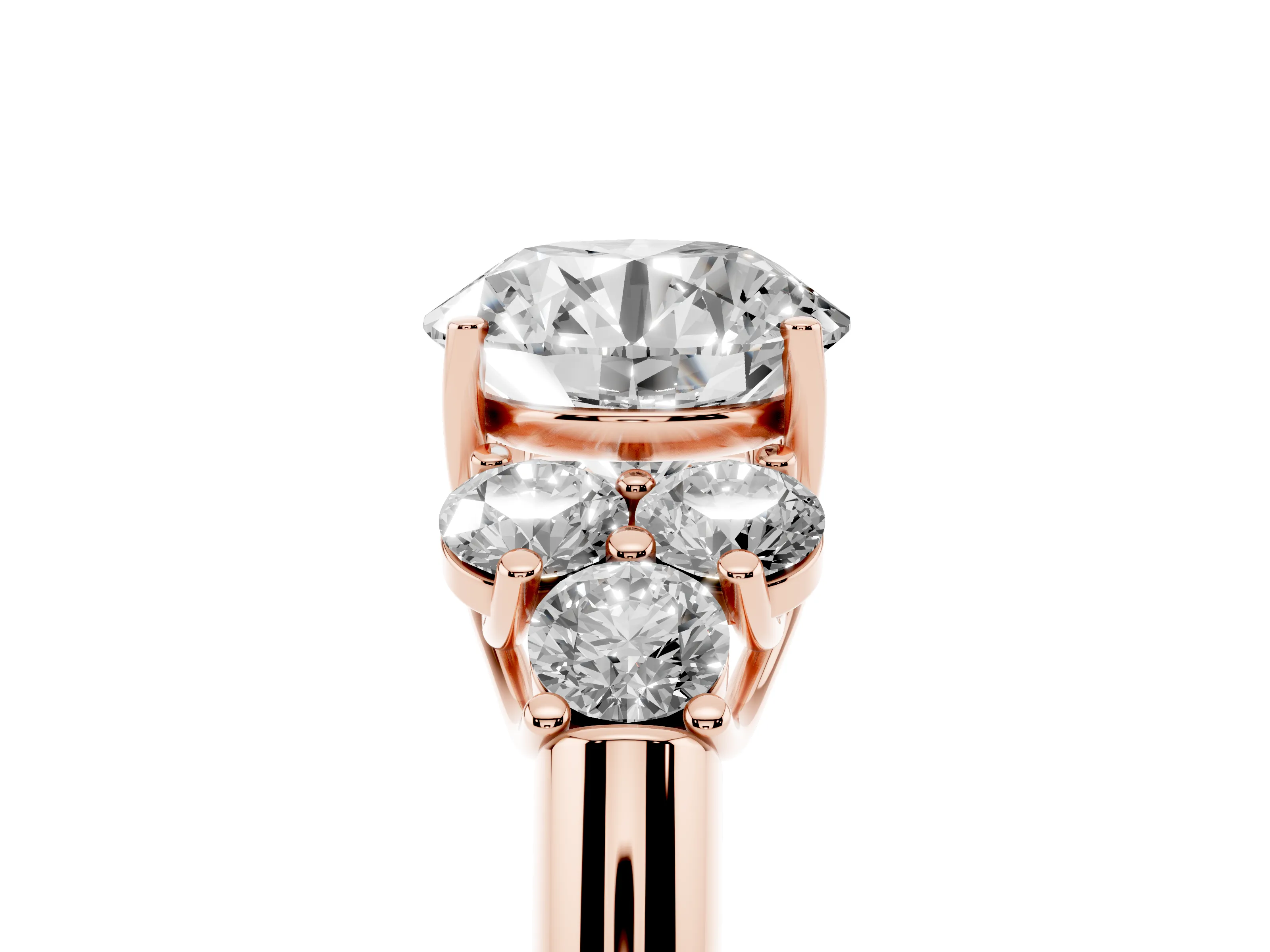 Round Cut Diamond Cluster Ring Set in Rose gold with Round Accent Stones and Prong Setting on a Plain Band